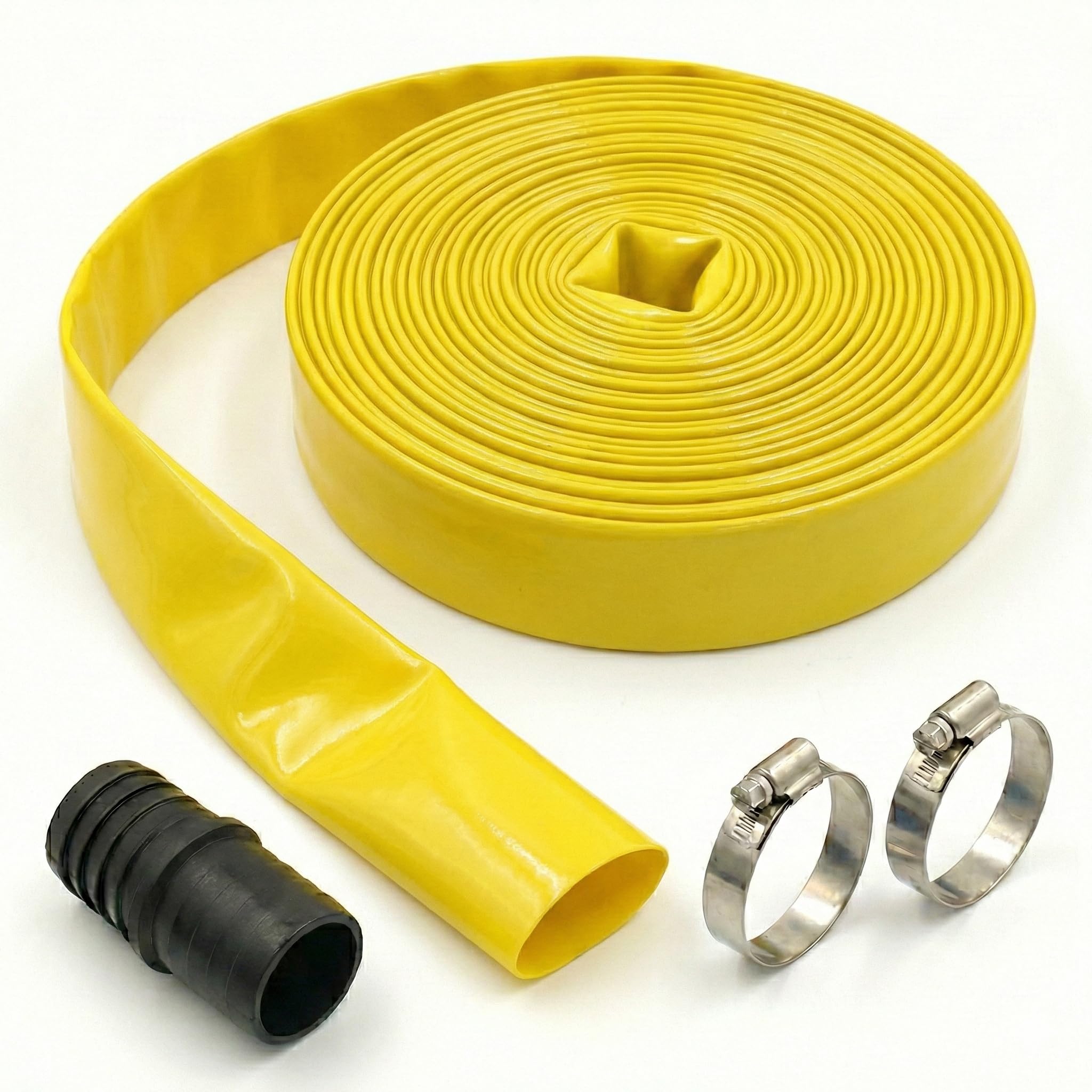 HosesUK Layflat Water Hose Kit β Heavy Duty PVC Flat with Clips & Pipe Joiner for Pump Discharge & Irrigation Yellow 80 Metre (262.5ft) x 32mm (1ΒΌ")