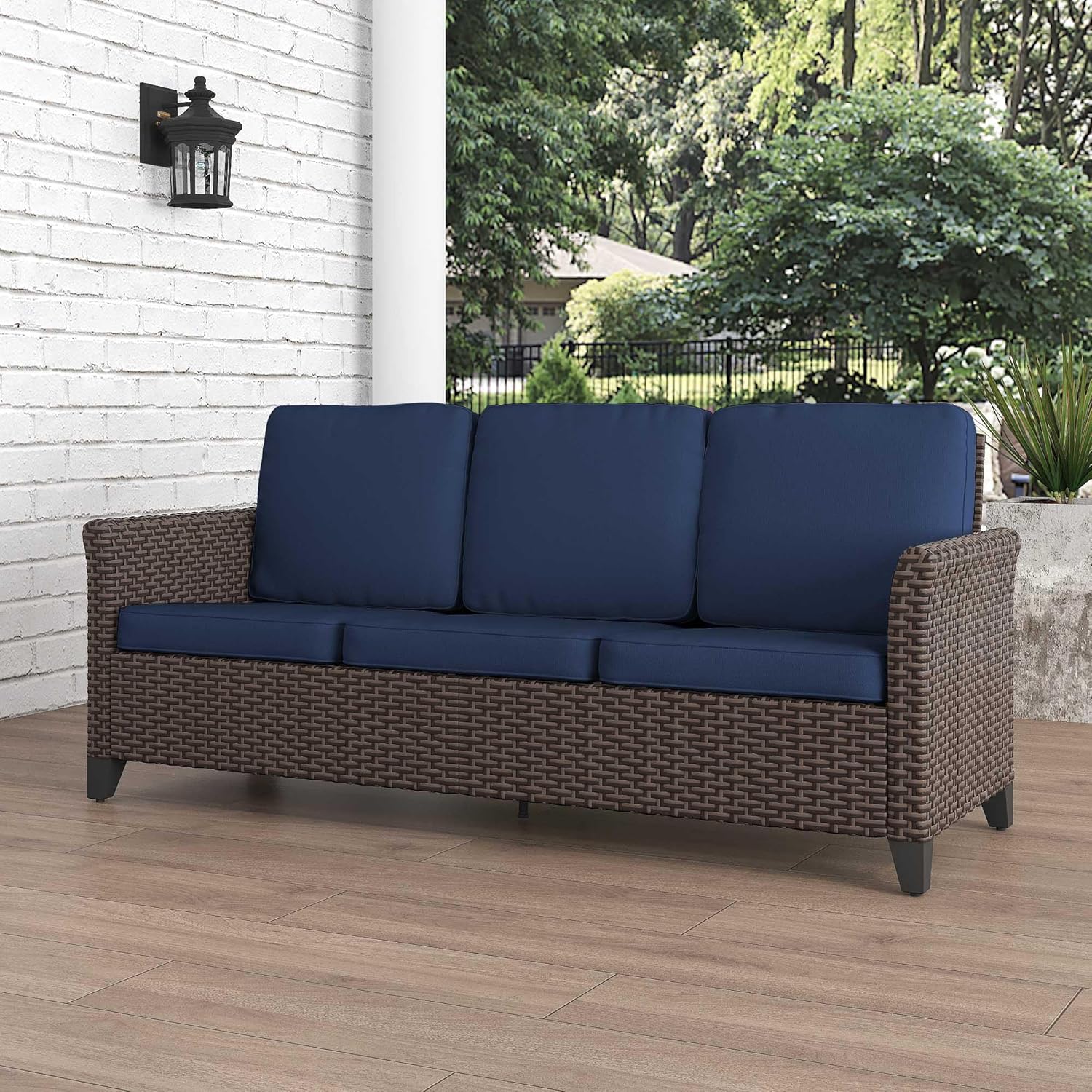 Patio Couch with High Back, 75" 3 Seats Outdoor Sofa, All Weather PE Wicker Couch with Waterproof Cushion for Porch, Backyard, Balcony, Deck