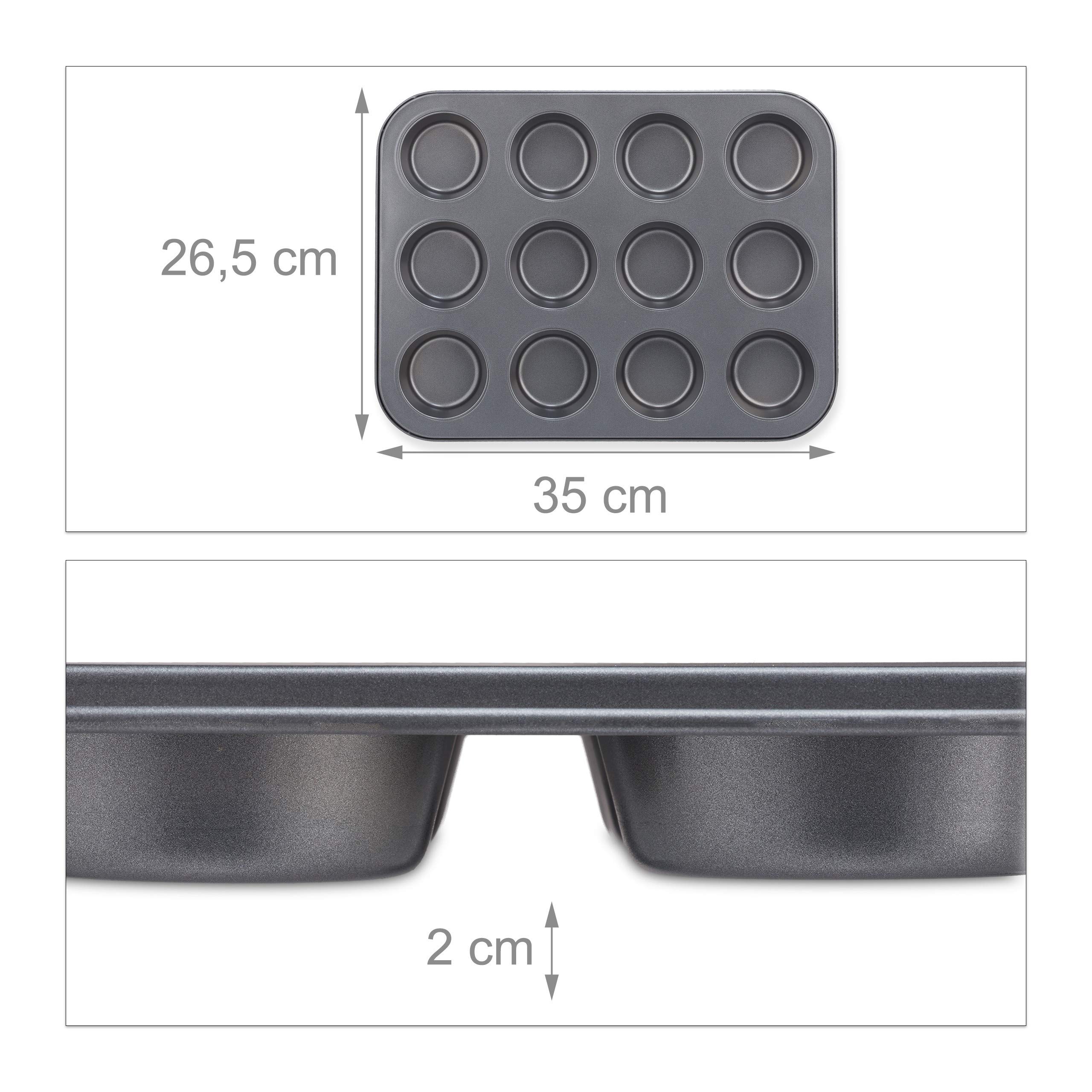 Relaxdays 8 Moldes Magdalenas, Bandejas para 12 Muffins y Cupcakes, Antiadherentes, Acero al Carbono, 6,5cm Ø, Gris