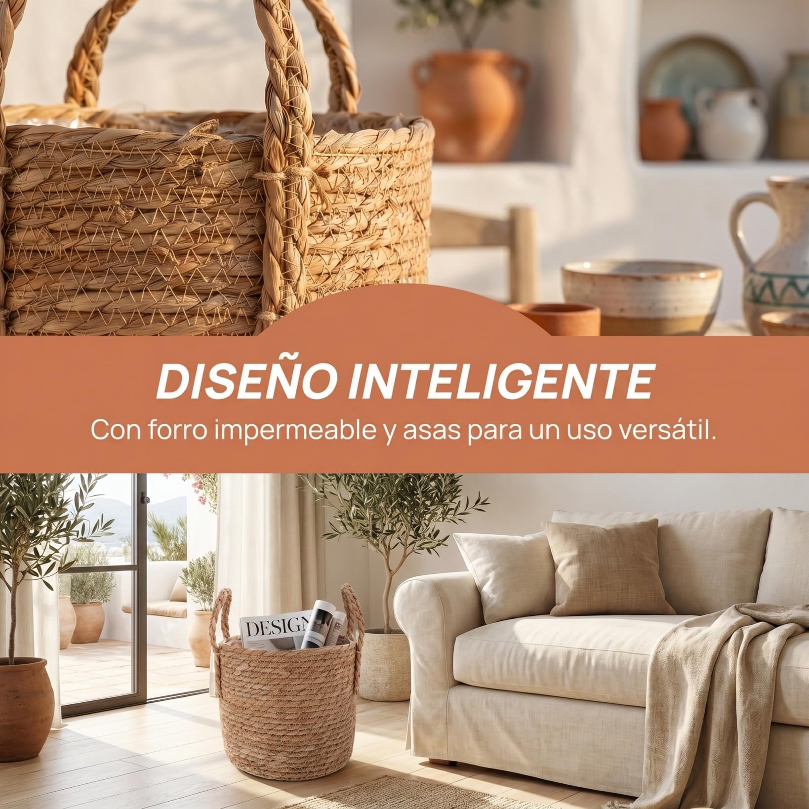 Baluue Cesta de Plantas Macetas de Interior Tejidas de 28cm Cesta de Paja Tejida a Mano con Forro Impermeable, Maceta Rústica Estilo Boho para Hogar, Salón y Oficina