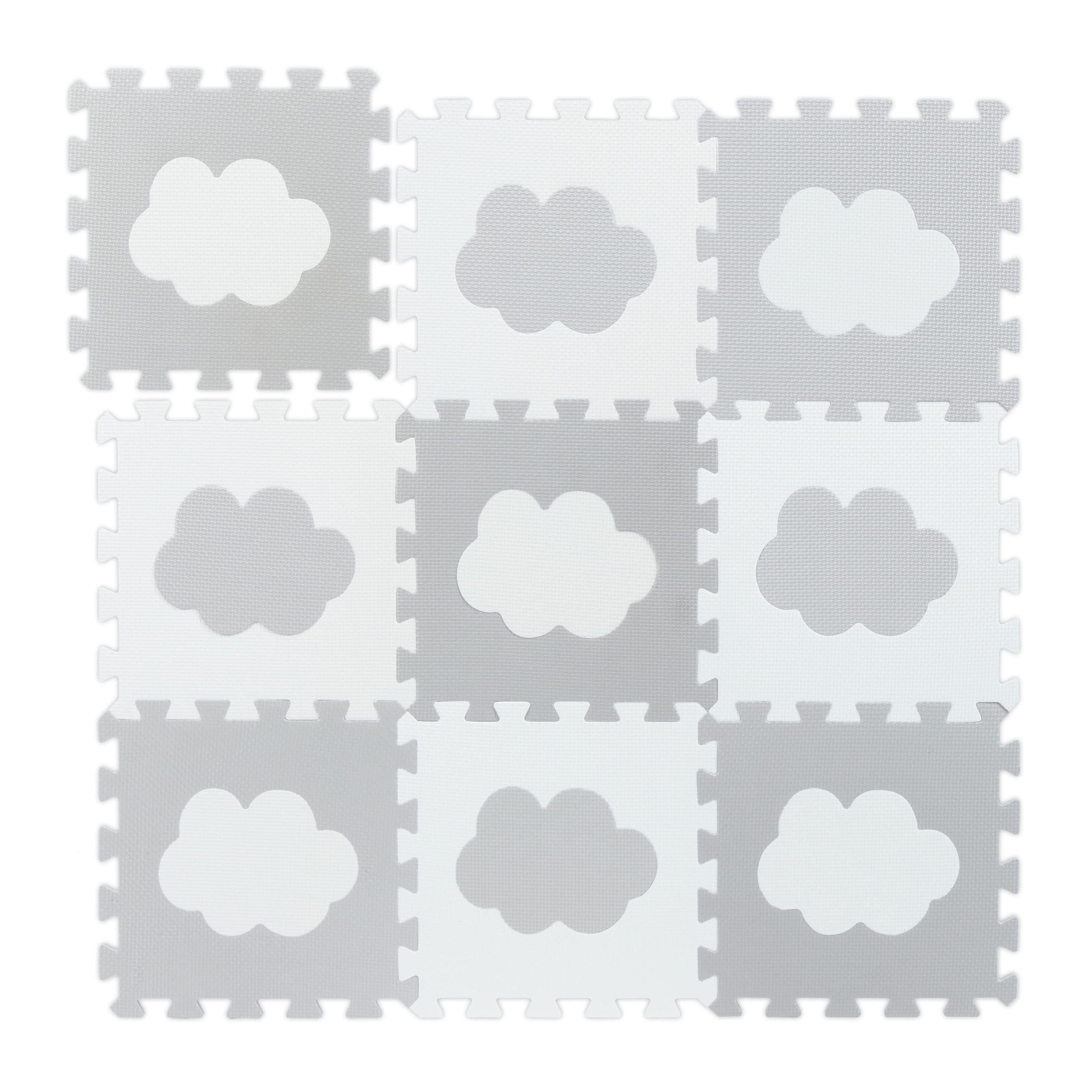 Relaxdays Alfombra Puzle Bebé, Diseño Nubes, 18 Piezas, de Goma EVA sin Sustancias Nocivas, 91,5x91,5 cm, Blanco y Gris, PE, PEVA, Set de 9
