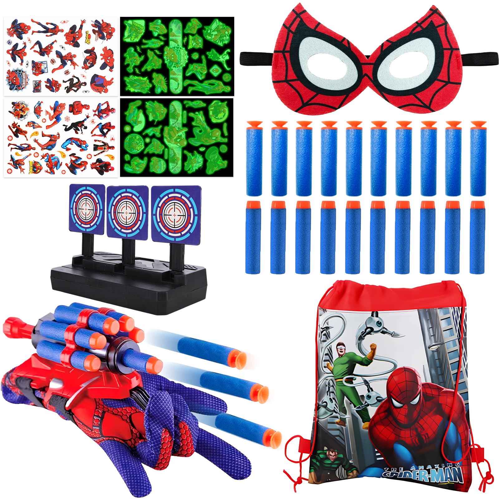 Web Shooter, 34 Stck Web Shooters for Kids Gloves Eye Mask Launcher Toys Target Bullets Luminous Tattoos Drawstring Bag Interactive Fun Christmas Carnival Cosplay Gift for Boy Kids age 3-14