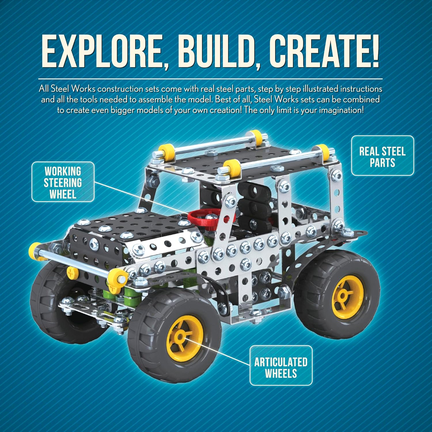 অ্যাসেম্বলড স্টিল ওয়ার্কস ৪x৪ যানবাহনে 'ওয়ার্কিং স্টিয়ারিং হুইল', 'রিয়েল স্টিলের যন্ত্রাংশ' এবং 'আর্টিকুলেটেড হুইলস' তুলে ধরা হয়েছে।