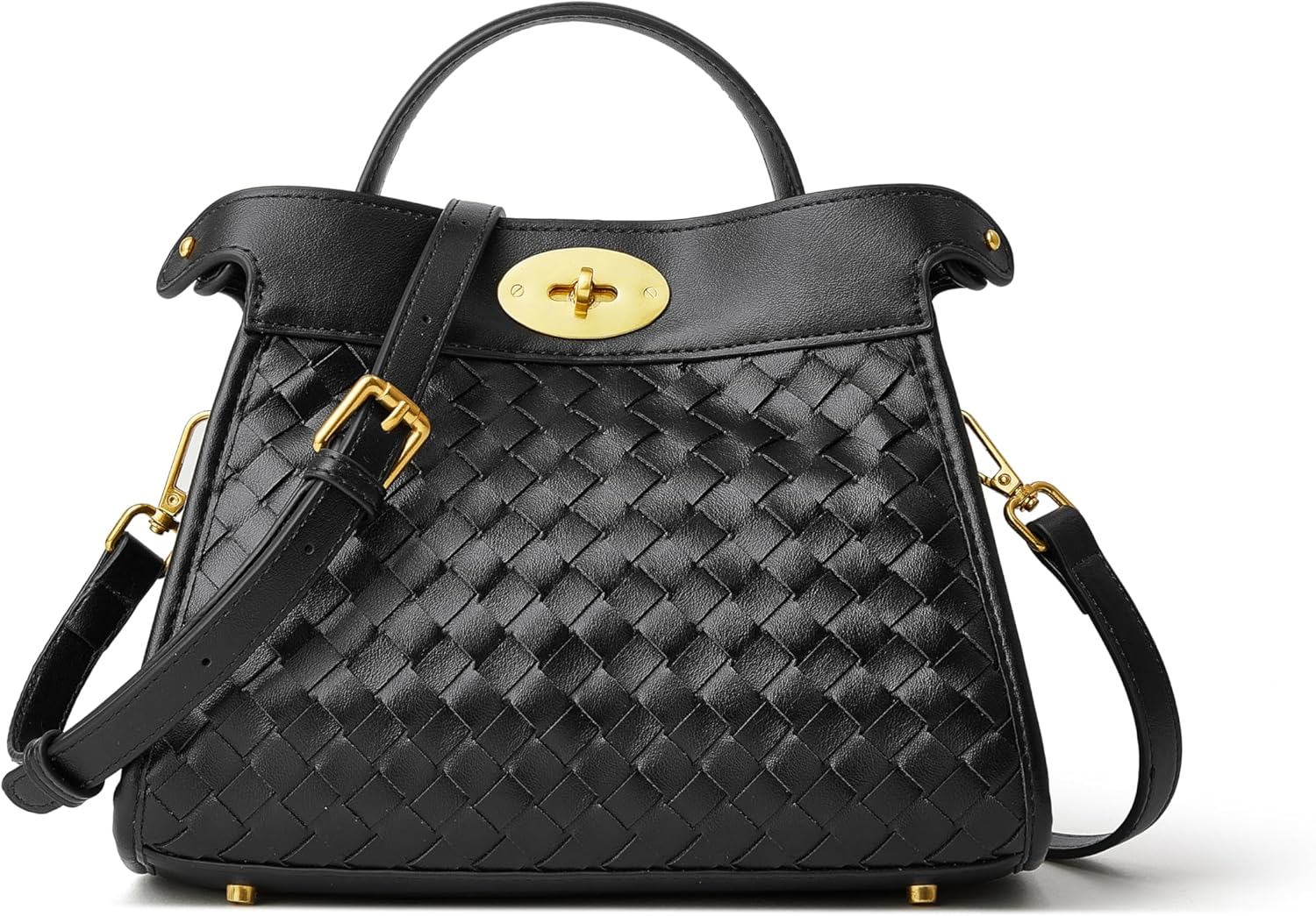 Small Woven Top Handle Satchel Purse For Women Braided Tote Shoulder Bag With Twist Lock