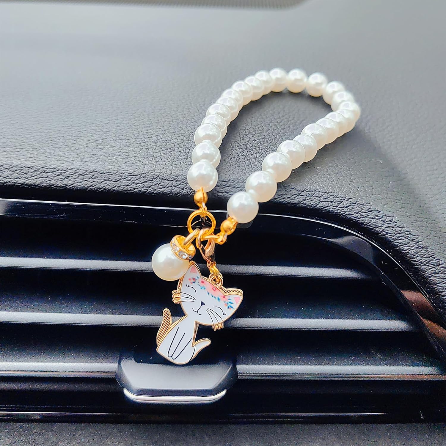 Double-side Cat Rear View Mirror Accessories, Cute Car Decor for Women, Pearl Chain Mini Cats Car Charms Rearview Mirror Accessories image 5