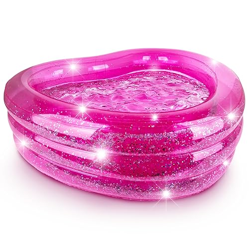 ArtCreativity Sparkly Inflatable Kiddie Pool with 3 Levels, Transparent Blow Up Pool for Kids with Silver Glitter and Cushioned Bottom, Easy to Inflate Outdoor Pools for Backyard, Summer Toys for Kids - Heart