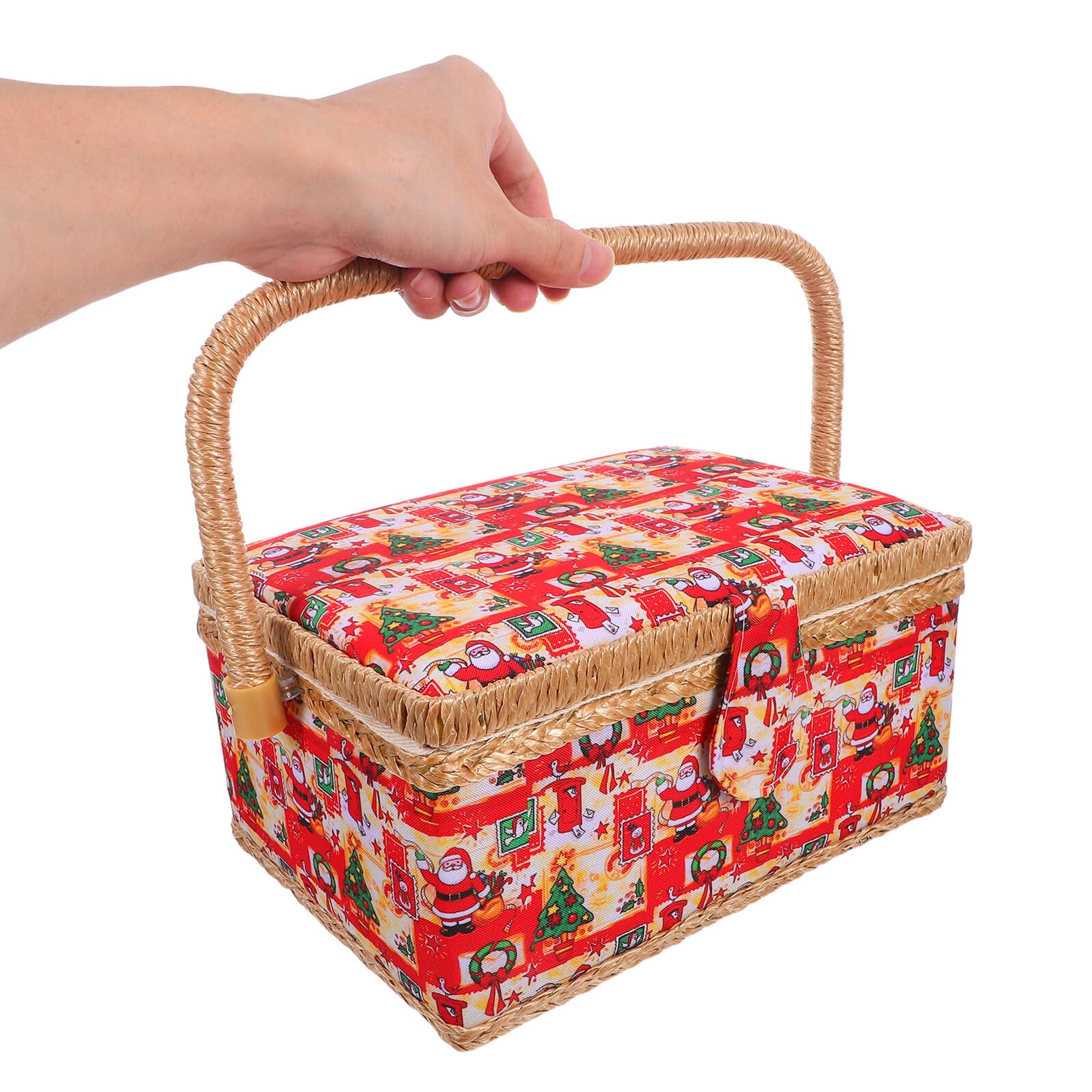 GALPADA Cesta de Costura Portátil Grande con Bordado Navideño Cesta para Accesorios de Costura y Telas Organizador con Asa Resistente para Almacenamiento y Transporte