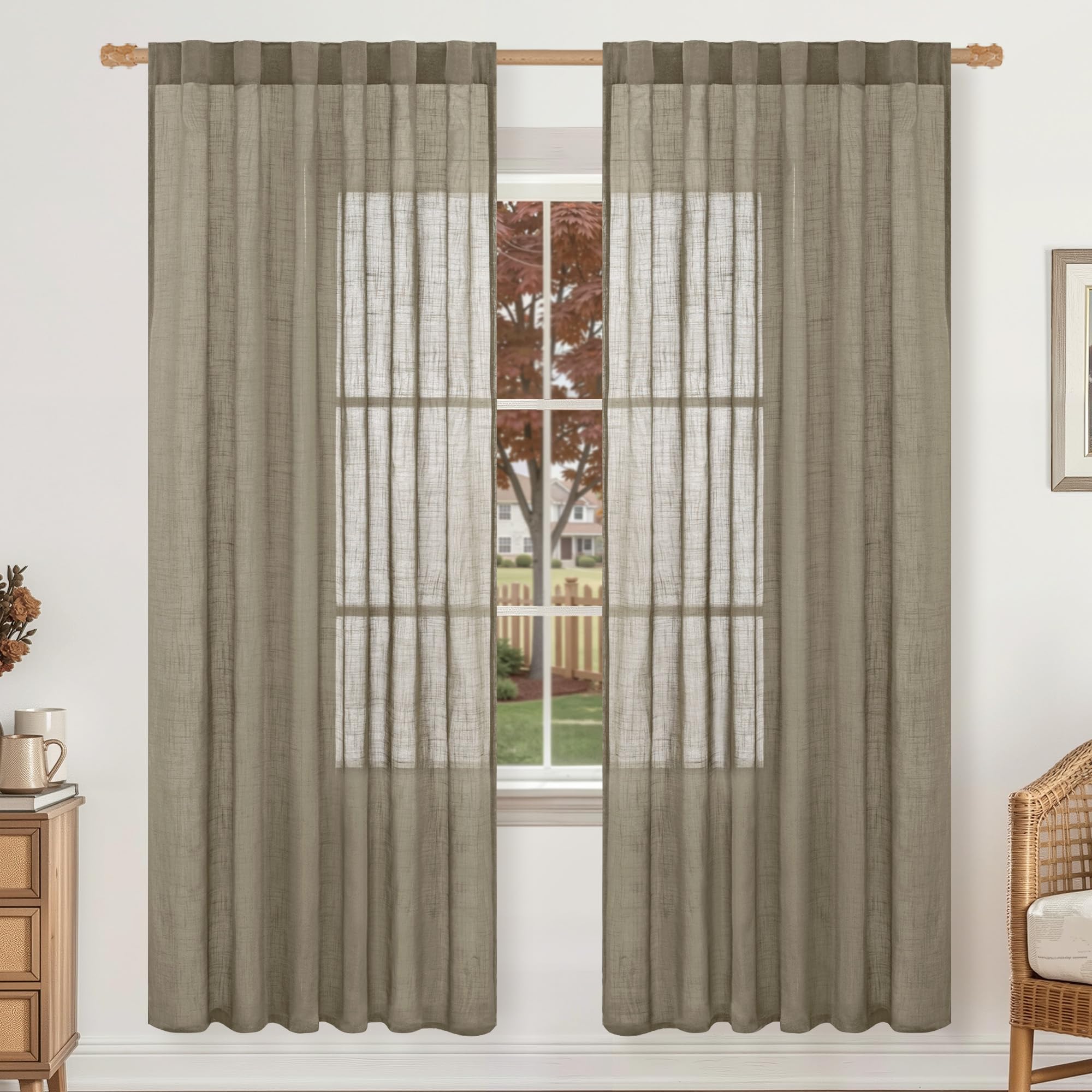 LAMIT Natural Linen Semi Sheer Curtains 84 Inches Long 2 Panels, Living Room Linen Textured Light Filtering Drapes Back Tab and Rod Pocket Neutral Window Panels for Bedroom/Sliding Door, 52 x 84 Inch — view 62