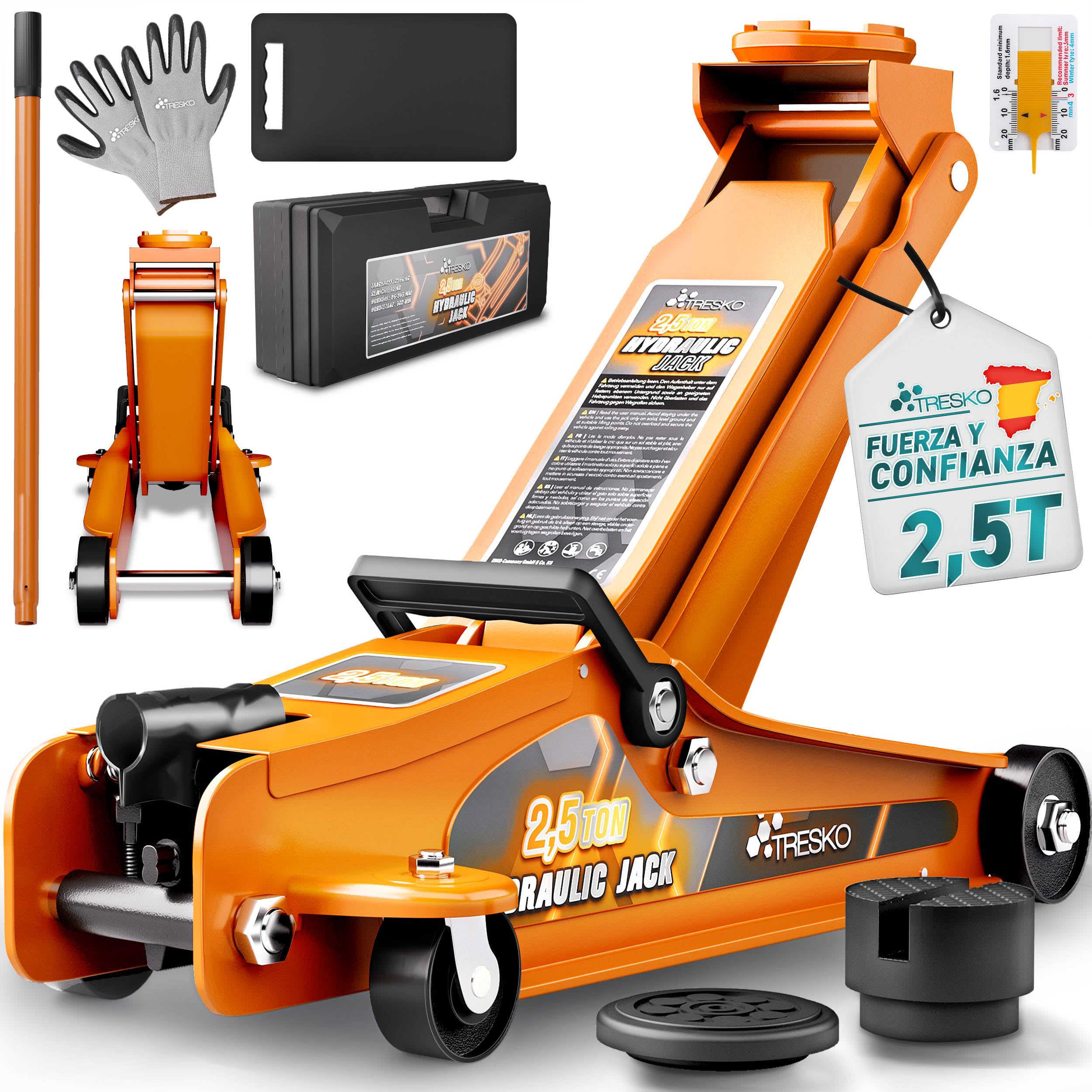 TRESKO Gato hidráulico, 2,5 toneladas, altura de elevación 85-385 mm, con maleta, gato hidráulico, plano para vehículos bajos, ruedas de 360°, incluye 2 almohadillas de goma, alfombrilla de rodilla