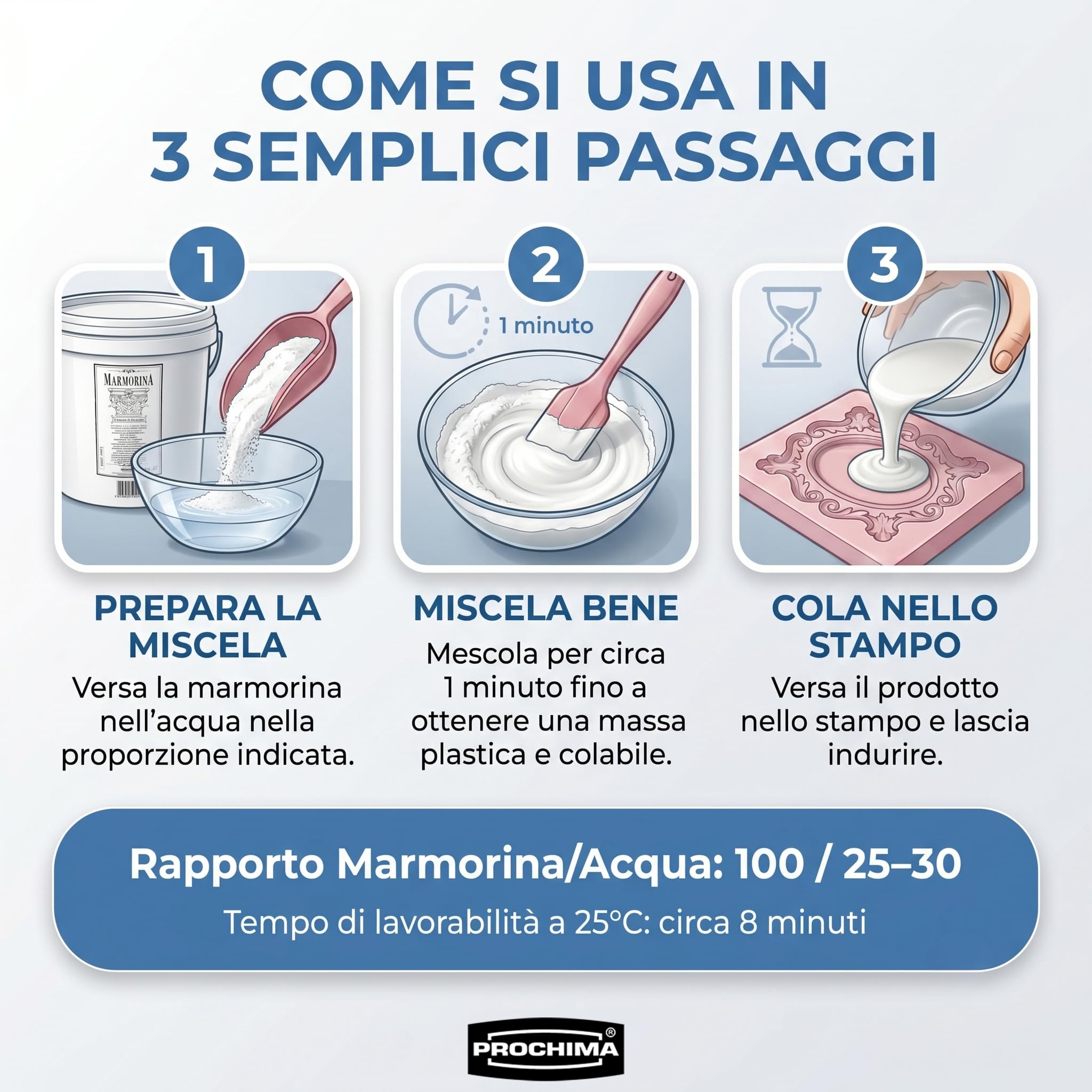 PROCHIMA, Marmorina Bianca, Polvere Mescolabile con Acqua, Simili alla della Ceramica, 10 Kg