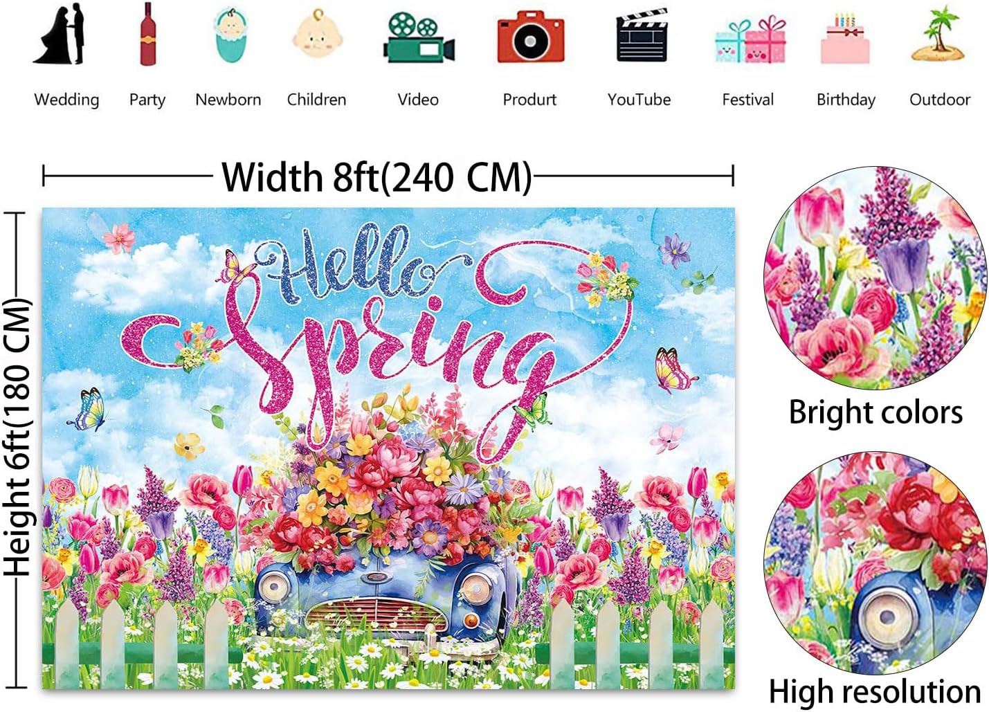 Hello Spring Backdrop Colorful Flower Butterfly Tulip Photography Background Spring Garden Easter Holiday Party Decorations Banner Photo Supplies (94x70inch(8x6FT))