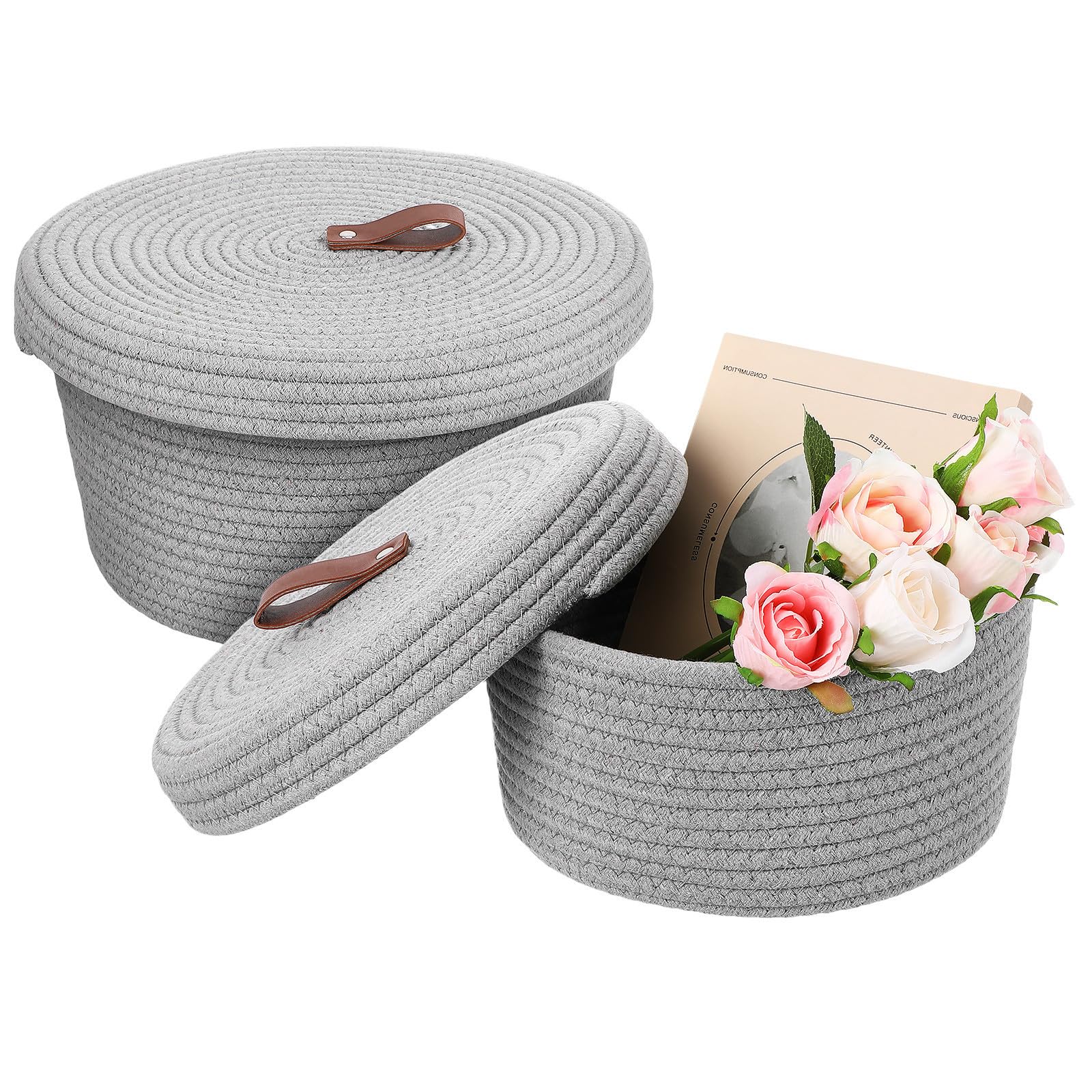 SHINEOFI 2 Piezas Cesta de Almacenamiento Tejida de Cuerda de Algodón con Tapa, Resistente y Versátil para Organizar Ropa Sucia en Lavandería o Sala de Estar
