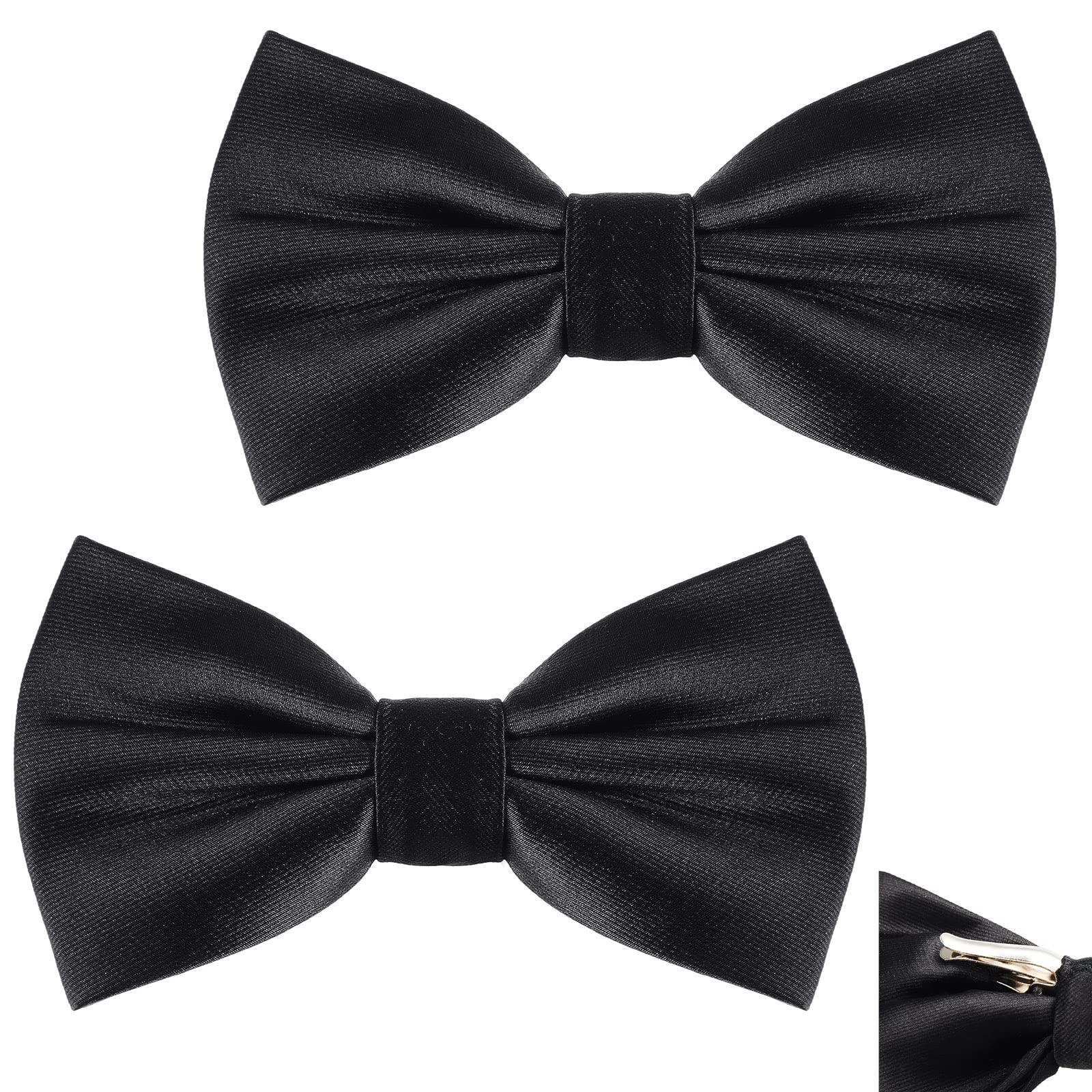 2 Packs Clip on Bow Ties for Men Solid Bow Tie for Costume Wedding Party(Black)