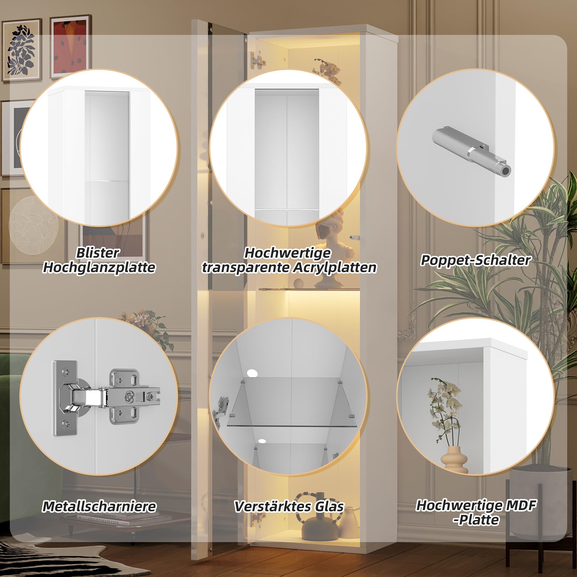 Vitrina Expositora con Iluminación LED, Vitrina Salon con 3 Estantes de Cristal, Vitrina Cristal para Salón Dormitorios Oficina, 40x29x170 cm, Blanco