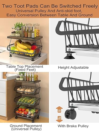 Miniatura 6 de MURRI&MURRDI Cesta de almacenamiento de frutas y verduras con tapa de madera, cestas apilables de almacenamiento de alambre de 6 niveles con ruedas,