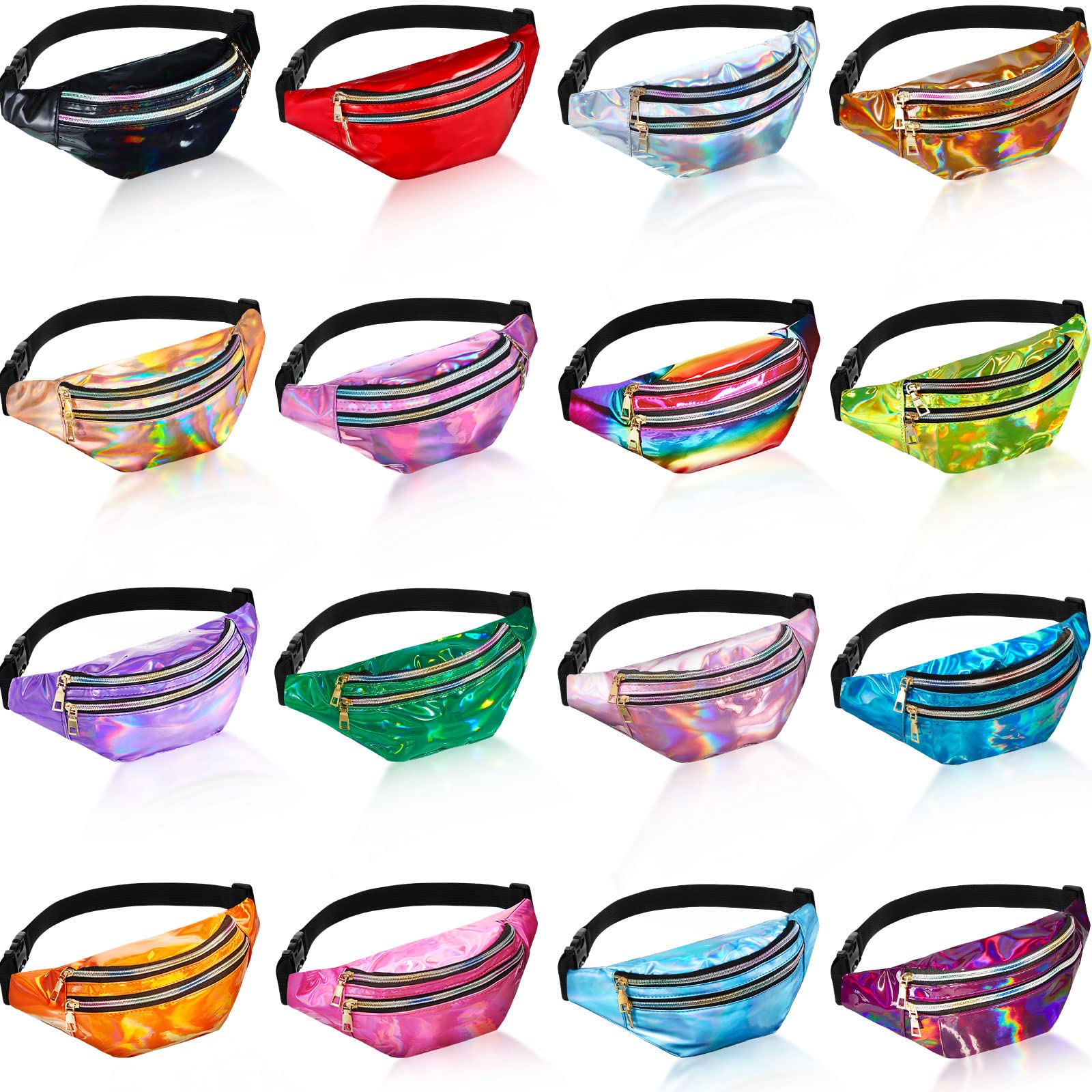 Tessco for you16 Pcs Fanny Packs for Women Holographic Fanny Pack Bulk 80s 90s Shiny Waist Bag Metallic Color with Adjustable Belt(Stylish Style)