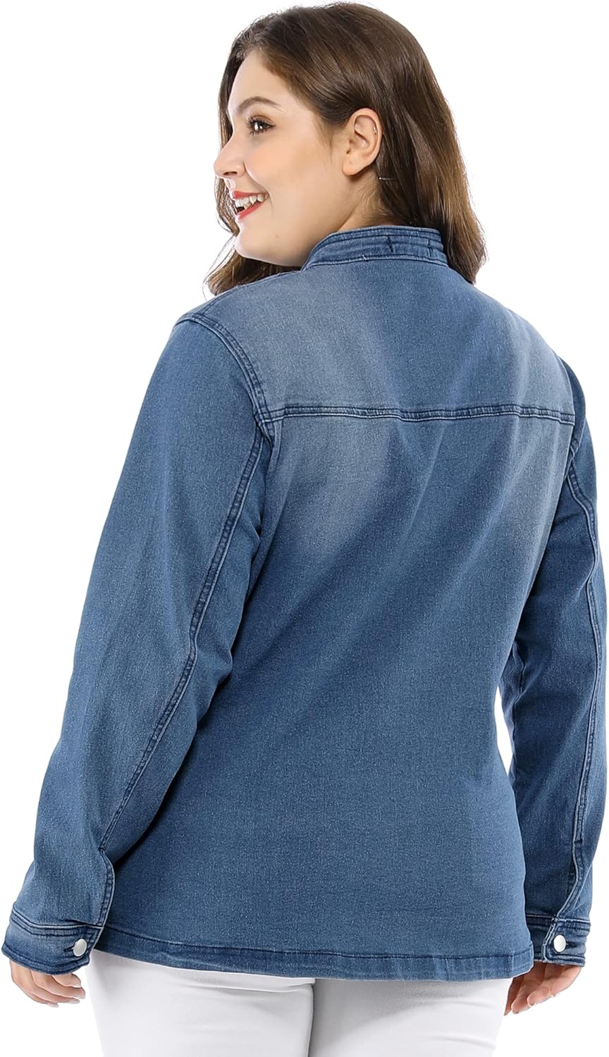 Agnes Orinda Women's Plus Size Denim Jacket Stretch Stand Collar Zip Drawstring Jean Jackets 2024 - Image 6