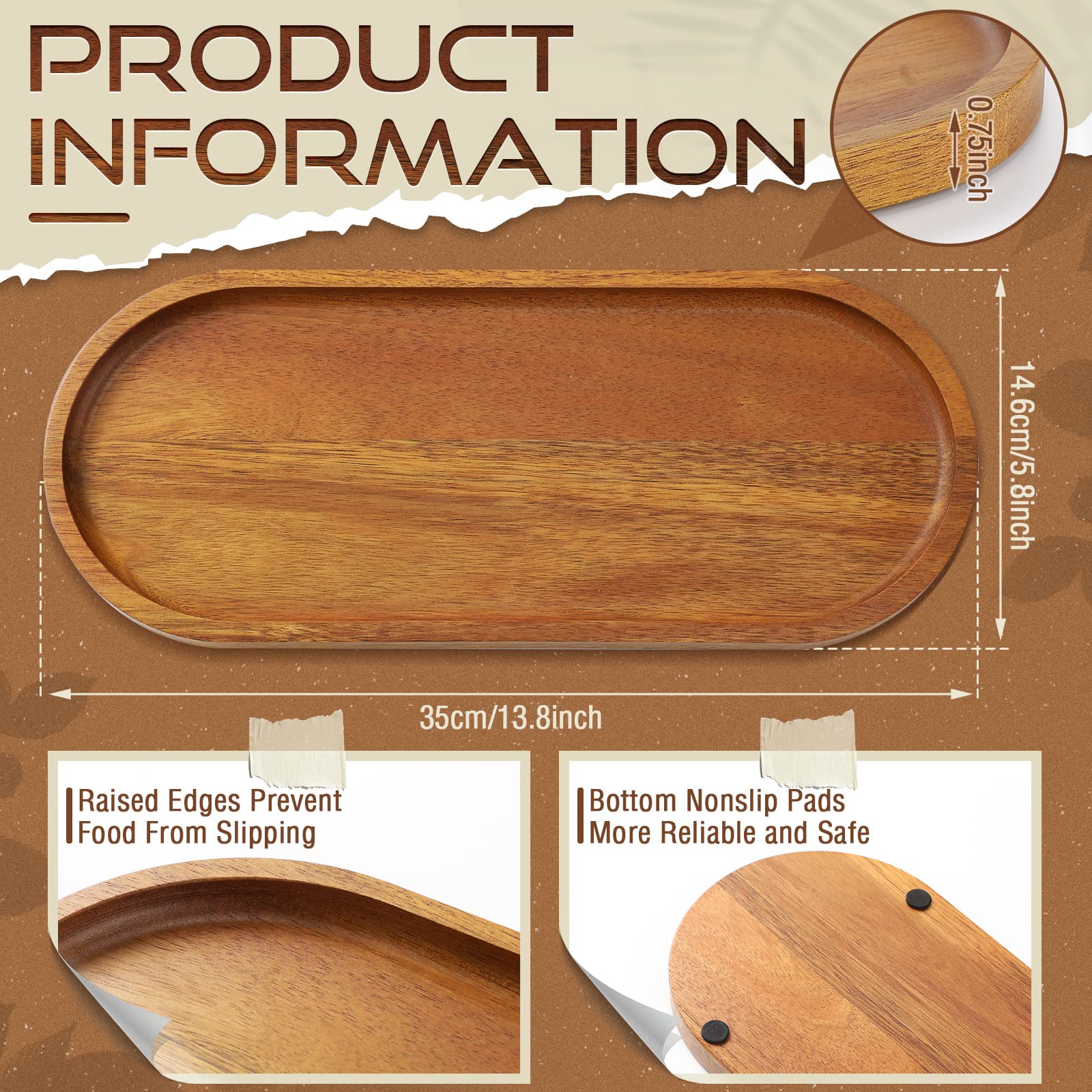 Rtteri 10 bandejas de madera de acacia, bandejas grandes de madera de 13.8 x 5.8 pulgadas, tabla de charcutería, bandeja ovalada rústica vintage para postre, pan, barbacoa, mesa de fiesta