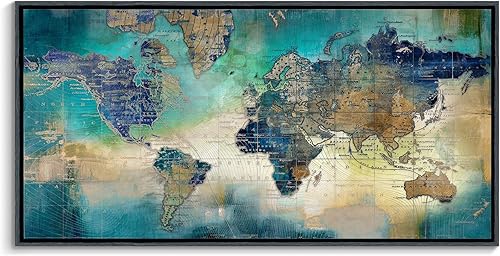 Miniatura 7 de Pogusmavi Lienzo decorativo con mapa del mundo, arte abstracto de pared para oficina y sala de estar, verde, 30 x 60 pulgadas, marco negro