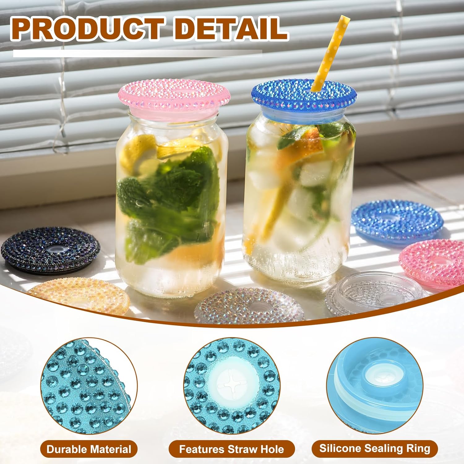 uxcell 2Pcs Acrylic Lids for 16 oz Glass, Reusable Plastic Tumbler Replacement Lids Rhinestone Canning Caps with Hole for Beer Can Drinking Glasses Tumblers, Transparent Light Blue