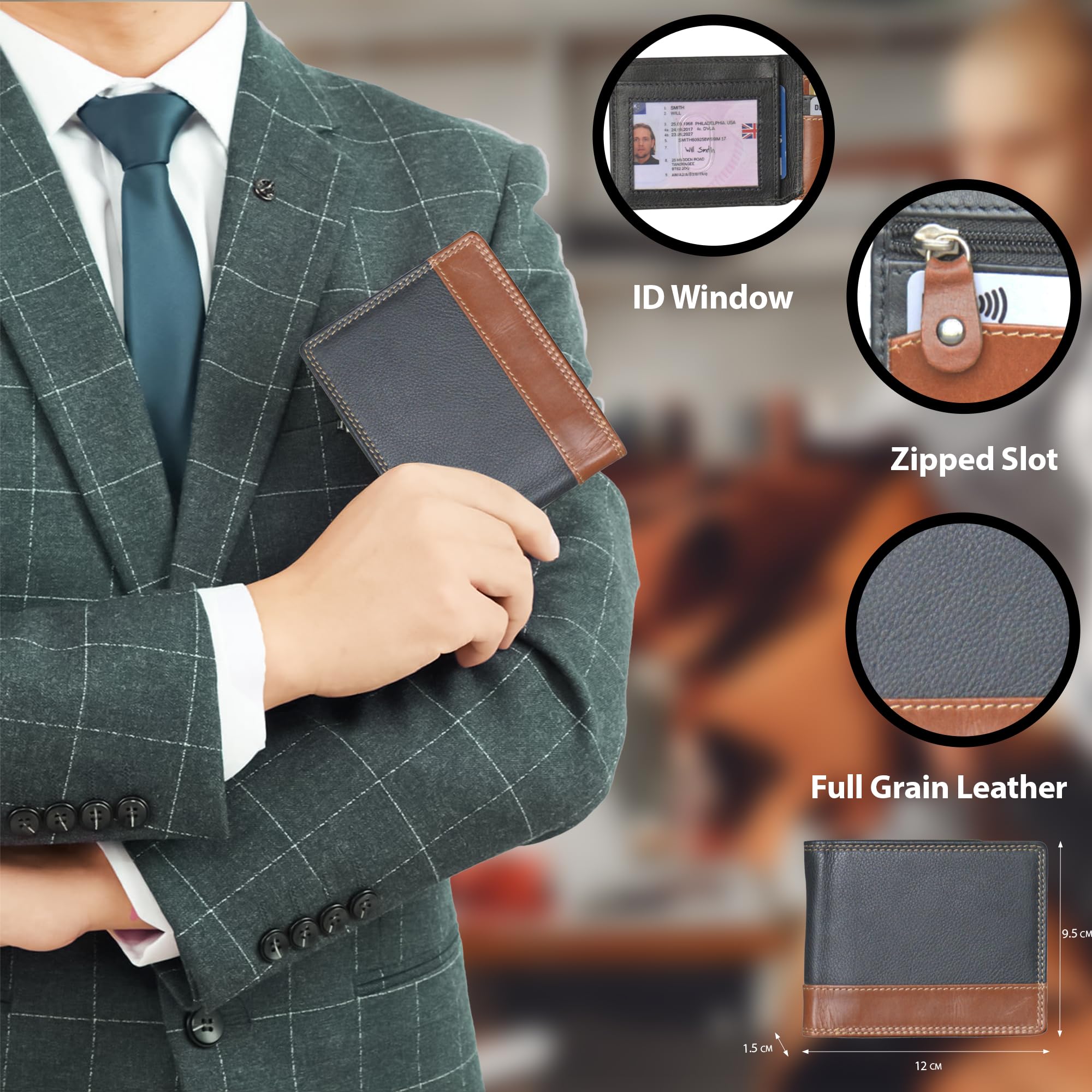 STARHIDE Wąski skórzany portfel RFID dla mężczyzn, z prawdziwej skóry nappa, składany, kompaktowy, minimalistyczny design z kieszenią na monety, okienkiem na dowód osobisty i pudełkiem na prezent