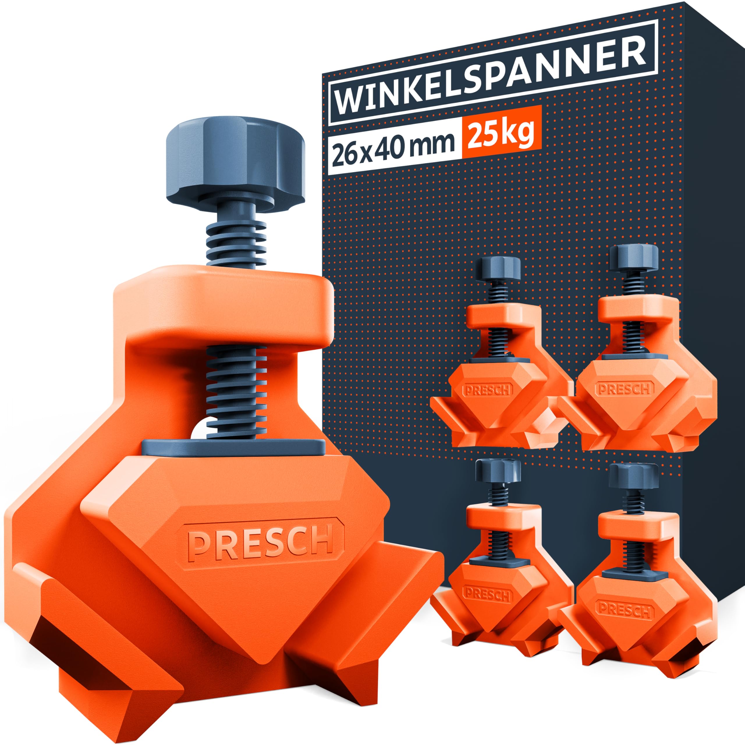 PRESCH Winkelspanner 4 Stk. - Eckspanner für Brettstärken bis 26mm - 25kg Spannkraft zum Verleimen - Robuste Eckklemmen für Holzbearbeitung dank glasfaserverstärktem Kunststoff - Exakter Winkelhalter