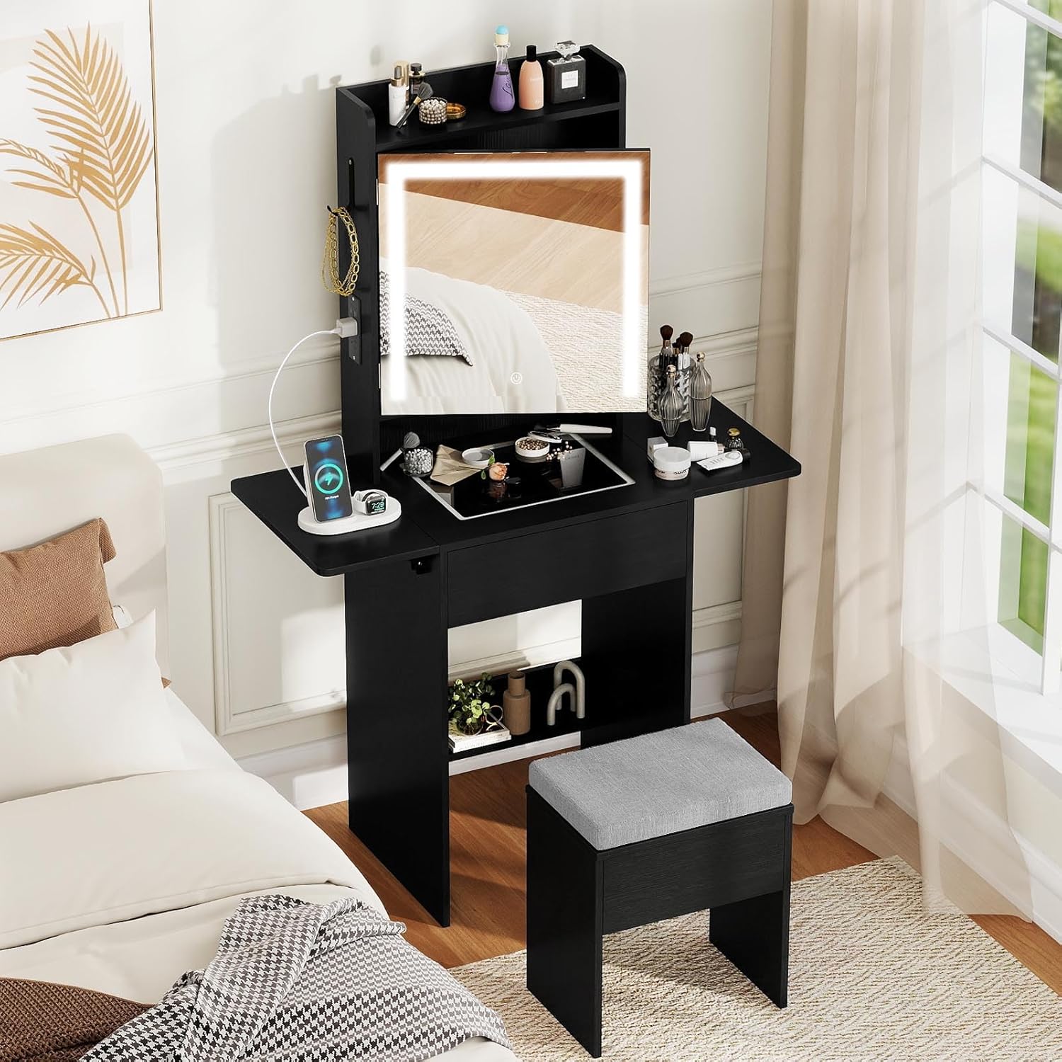CHARMAID Compact Vanity Desk with Lighted Mirror & Charging Station, Small Space Makeup Vanity with Fold-Up Side Panels, Glass Top, Mirrored Cabinet, Drawer & Hidden Storage Stool for Bedroom (Black)