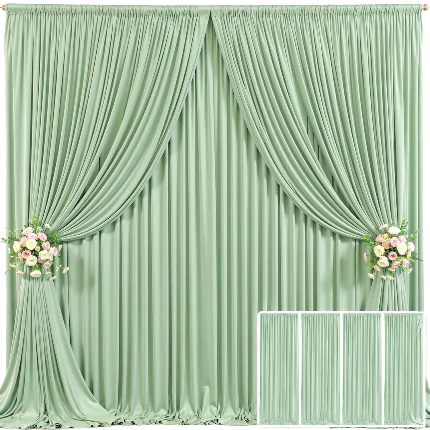 4 Panels Sage Green Backdrop Curtain for Parties Wrinkle Free Dark Green Photo Curtains Backdrop Drapes Fabric Decoration for Baby Shower Birthday