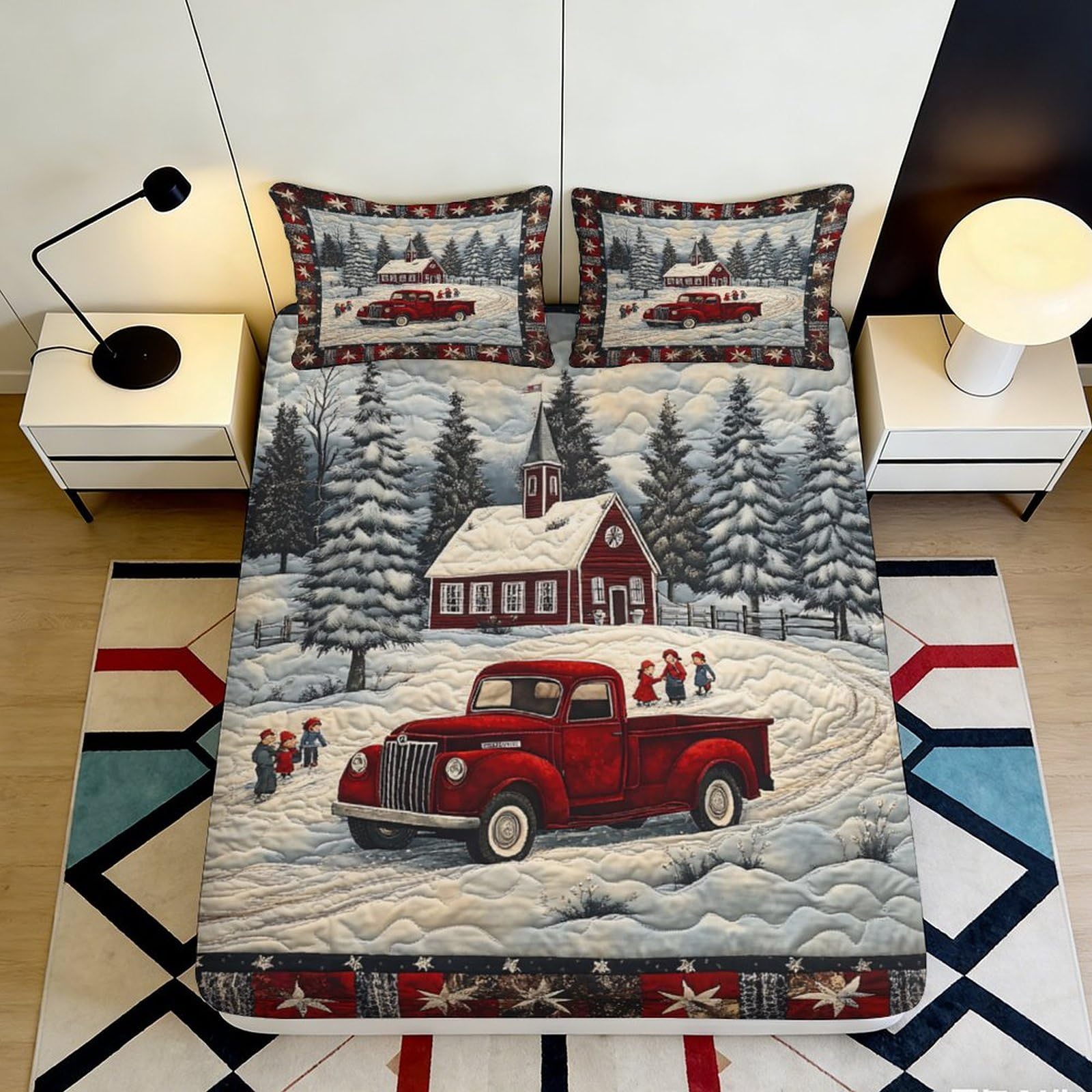 3D Printed Winter Village Fitted Sheet Microfiber Red Truck Snow Scene Mattress Cover Machine Washable for Bedroom Guestroom Decor 90x200x25cm
