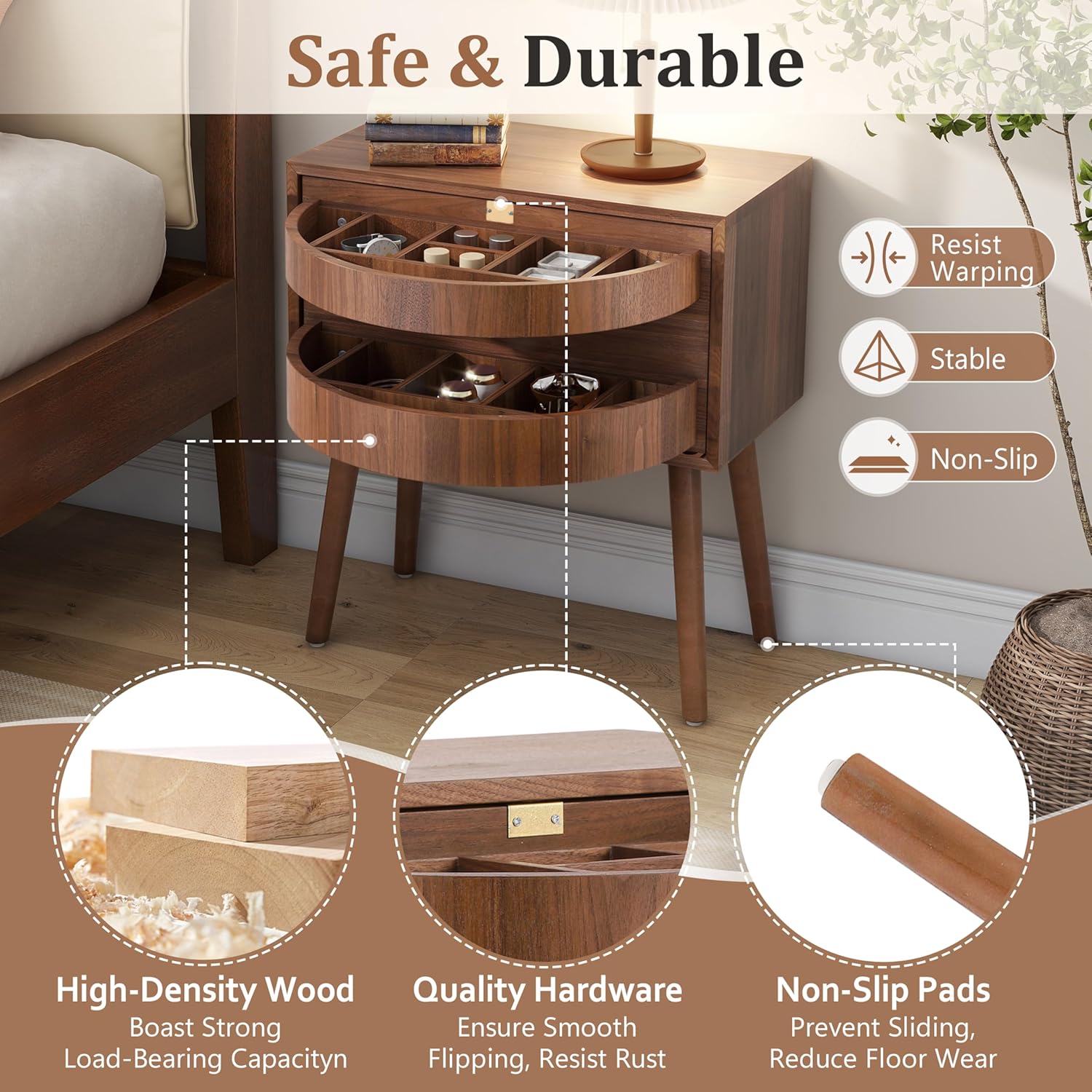 Merax Hidden Compartment Nightstands, Rattan Bed Side Table with Rotate Drawer, Compartment End Table with Wood Legs for Bedroom, Living Room, Dorm and Sofa