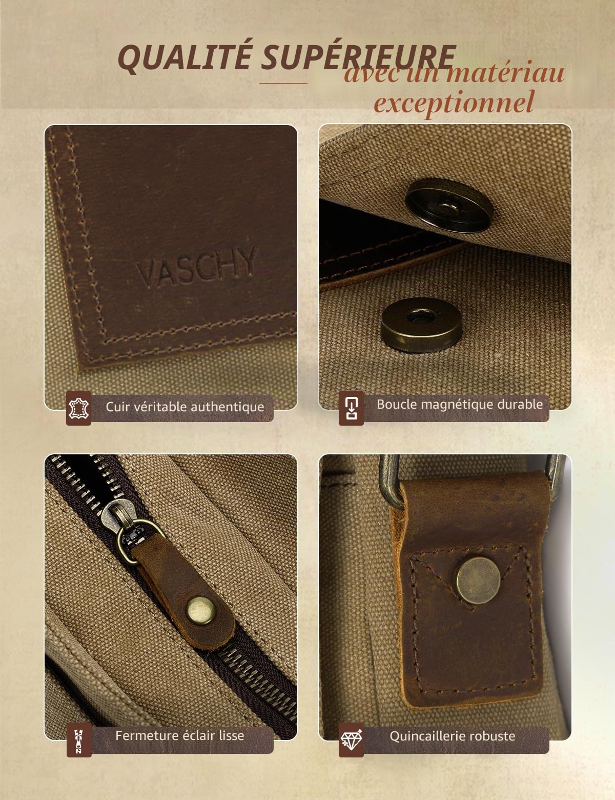 VASCHY Petit sac à bandoulière pour homme en toile vintage en cuir véritable - Sac à bandoulière classique pour le travail, l'école, la vie quotidienne