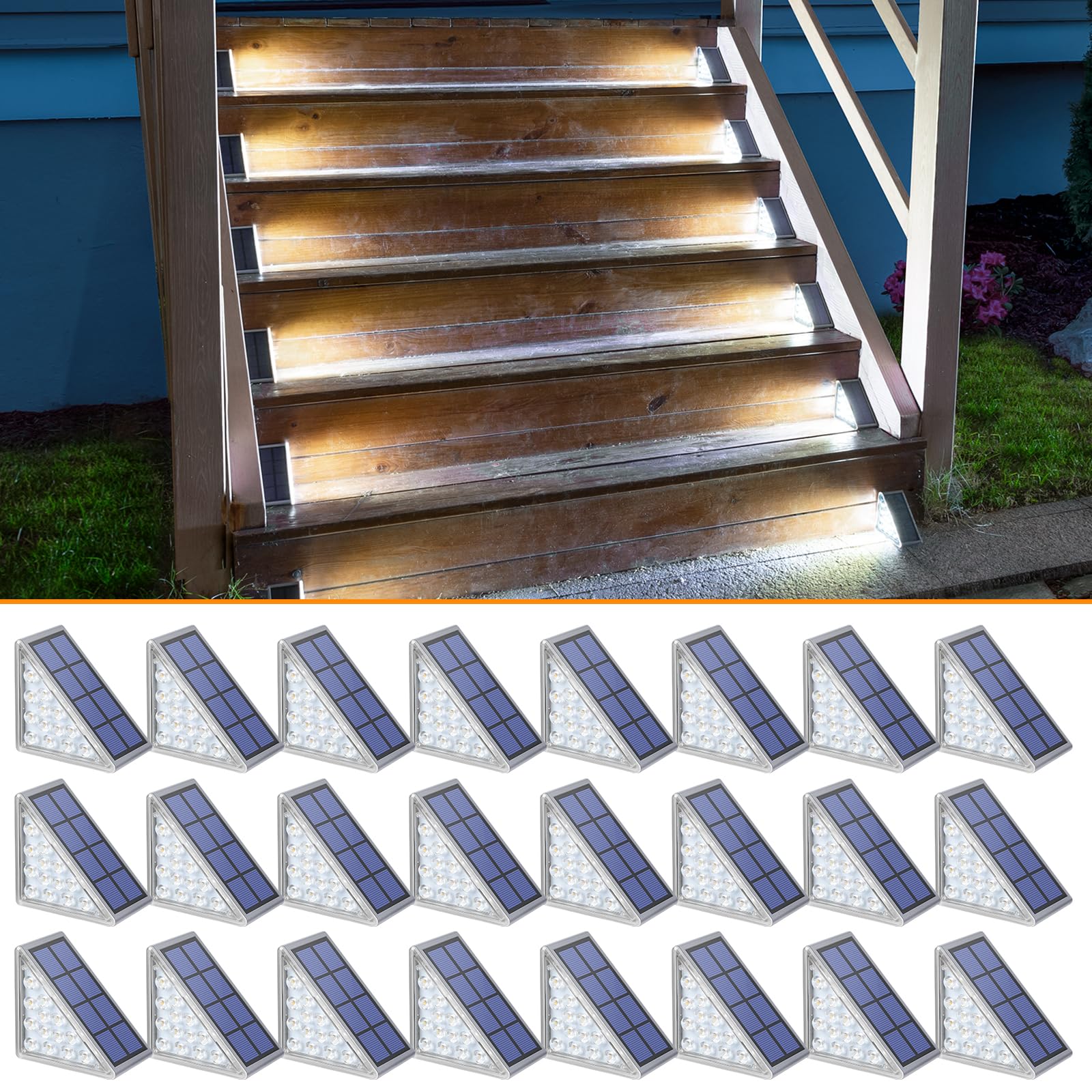 NIORSUN Solar Step Lights,24 Pack Cool White Solar Stair Lights Outdoor Waterproof IP67 Auto On Off,Solar Lights for Steps,Stair,Patio,Yard,Porch,Front Door,Sidewalk,Deck Decor