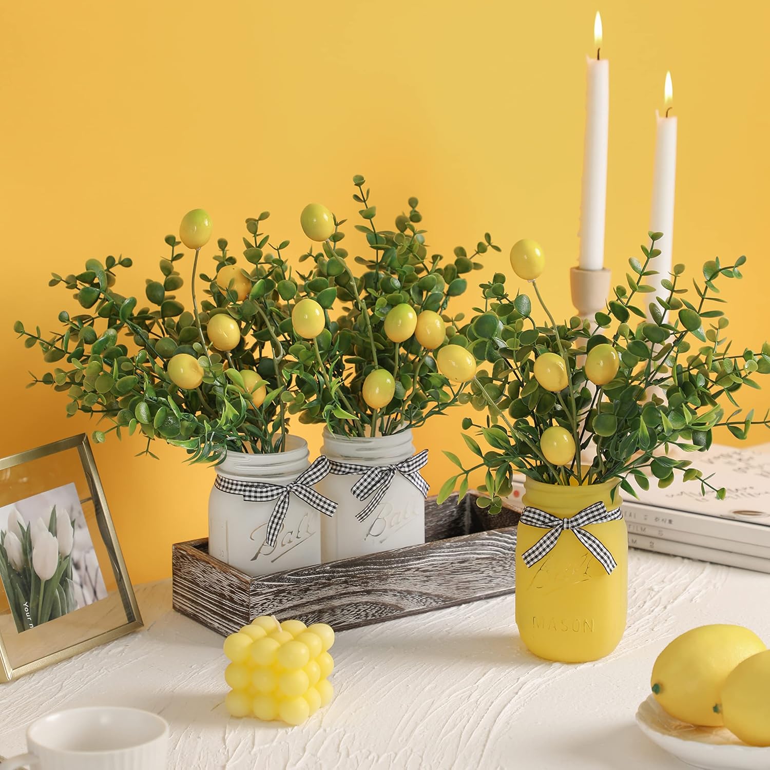 Lemon Mason Jars Centerpiece for Table, Wood Tray with 3 Painted Jars, Dining Coffee Table Centerpiece For Kitchen, Living Room, Spring & Summer Home Decor with Lemon