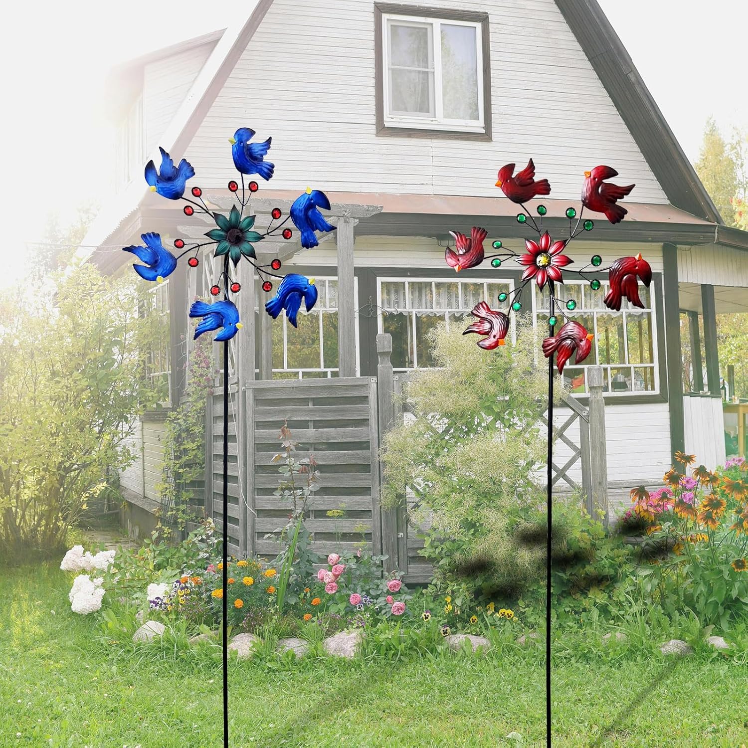2-Pack Bird Wind Spinners for Yard and Garden — Red & Blue Metal Wind Sculptures 48", Outdoor Garden Wind Spinners for Patio Lawn Yard Decorations