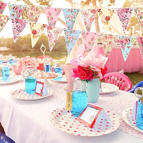 Miniatura 6 de Funtery Guirnalda de papel floral retro brillante y elegante, decoración de fiesta de té, guirnalda de flores silvestres, pancarta triangular floral