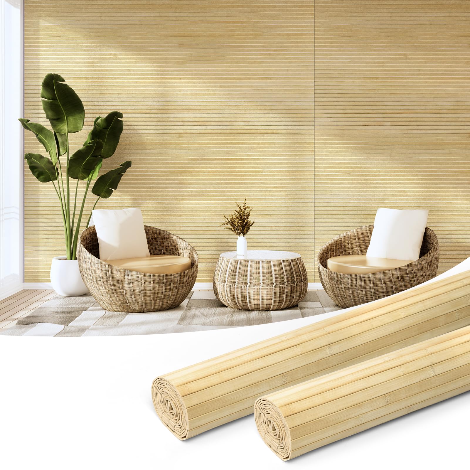Art3d Natural Bamboo Wall Panel for Interior Wall Decor, Renewable Pole Wrap Wainscoting Paneling for Wall Ceiling Furniture Cabinet Office, 48 x 96