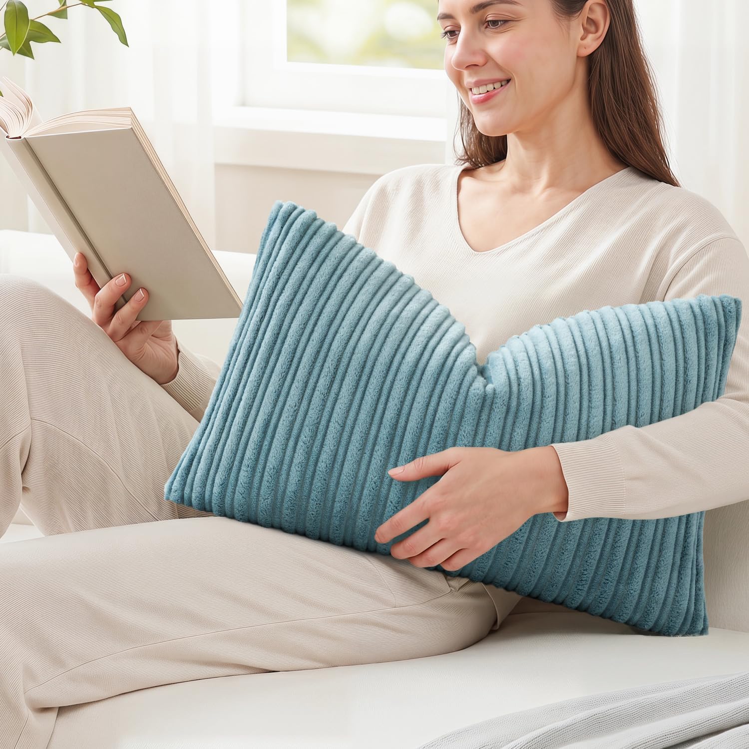 Kevin Textile Striped Corduroy 12”x20” Pillow Covers 2 Pack, Blue Grey