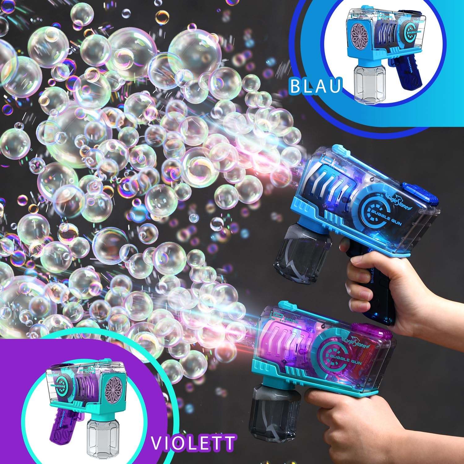 EagleStone 2er-Pack automatische Seifenblasenpistole mit 10 Düsen und LED-Licht, Seifenblasenmaschine für Kinder ab 4 Jahren, Outdoor Seifenblasen Spielzeug für Geburtstag, Party und Geschenk