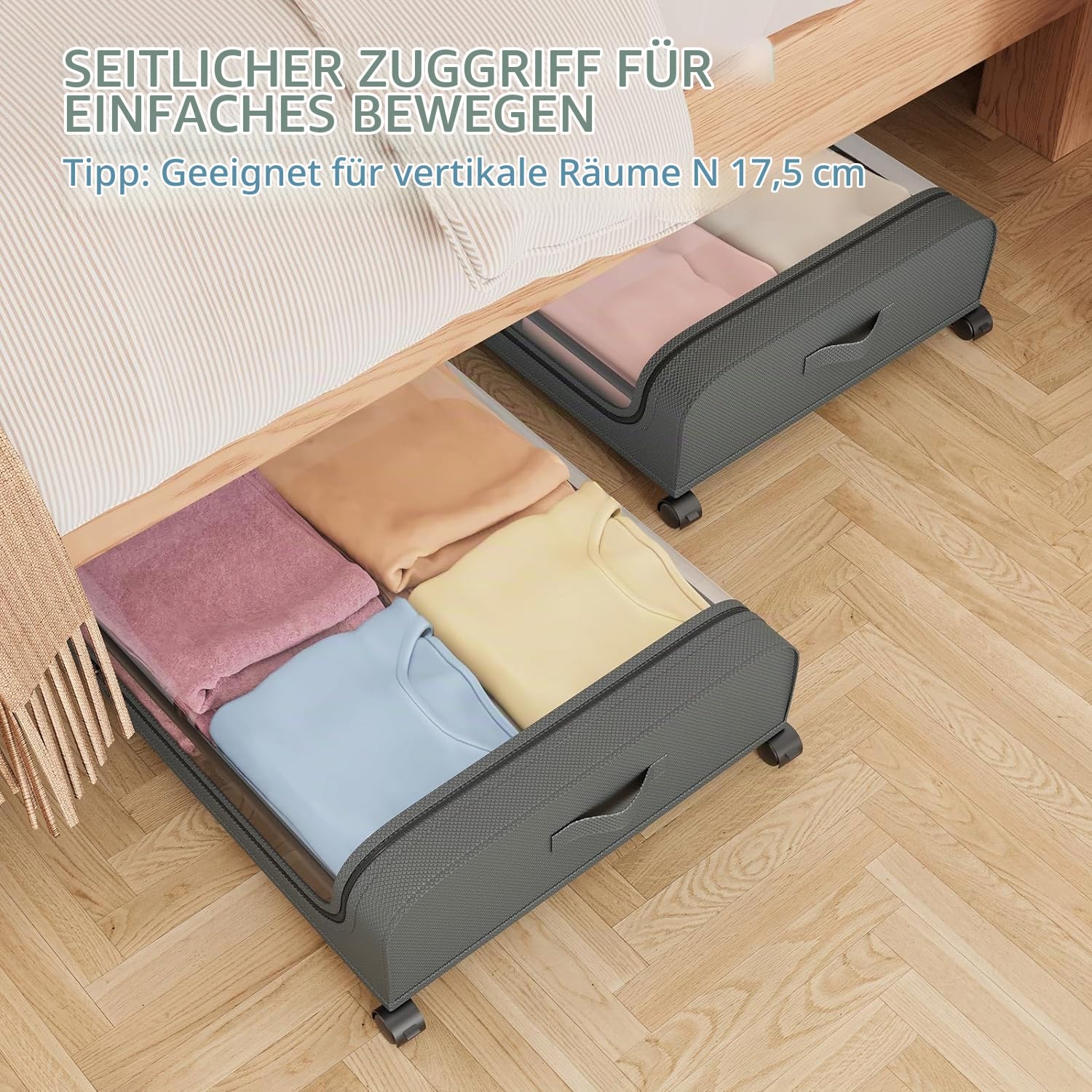 2 Stück Unterbettkommode mit Rollen,Aufbewahrungsbox mit Rollen 360° Drehung und Sichtfenster Deckel,Metallrahmen Unterbett,Unterbett-Aufbewahrungstasche Kleideraufbewahrung (grau)