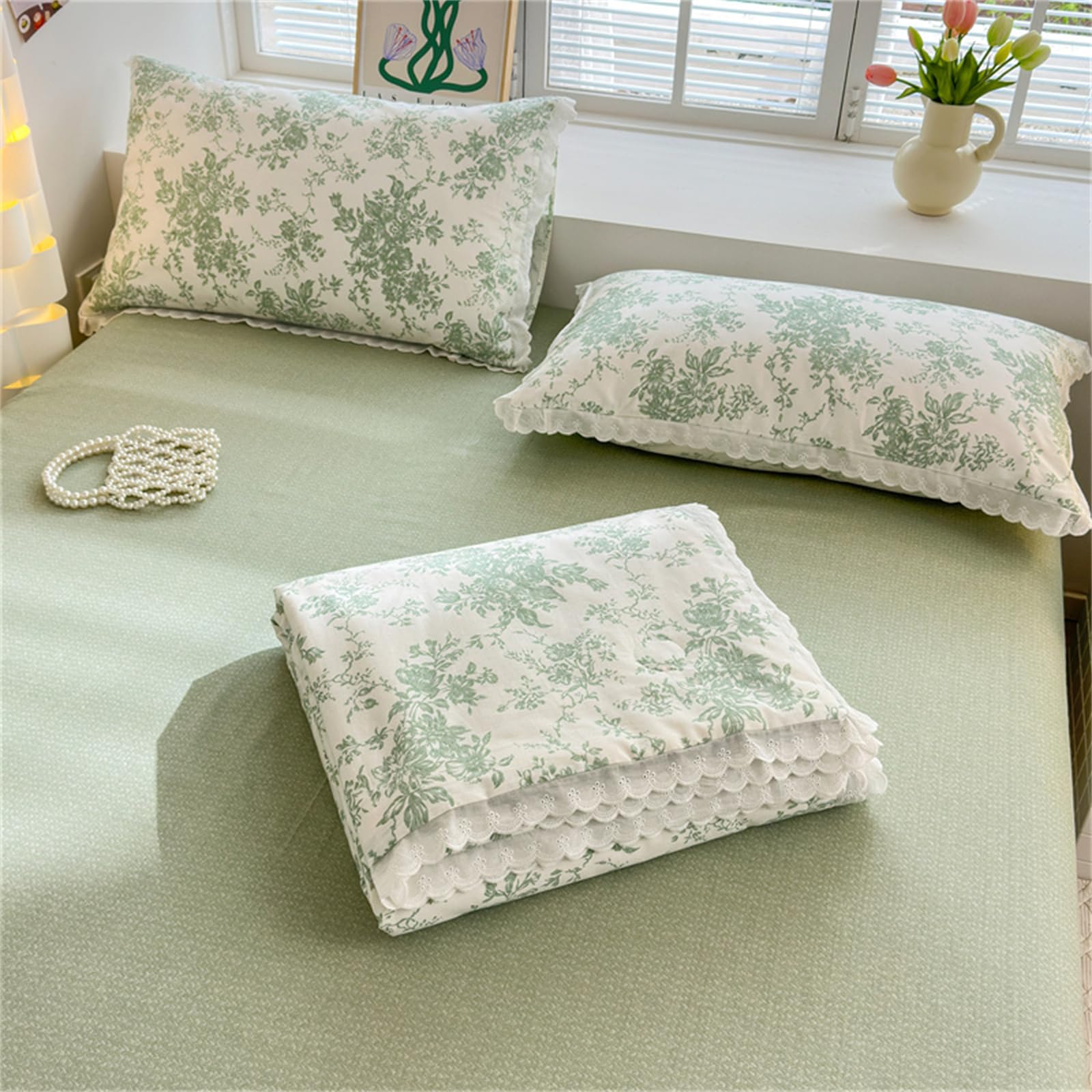 Fansu 100% Algodón Colcha Acolchada Fina Suave Cubrecama Rellenos Finos Toda Temporada Edredón Colchas Bouti Cama 90/135/150, Manta para Sofa Encaje Blanco (Enredaderas Verdes,200x230cm)
