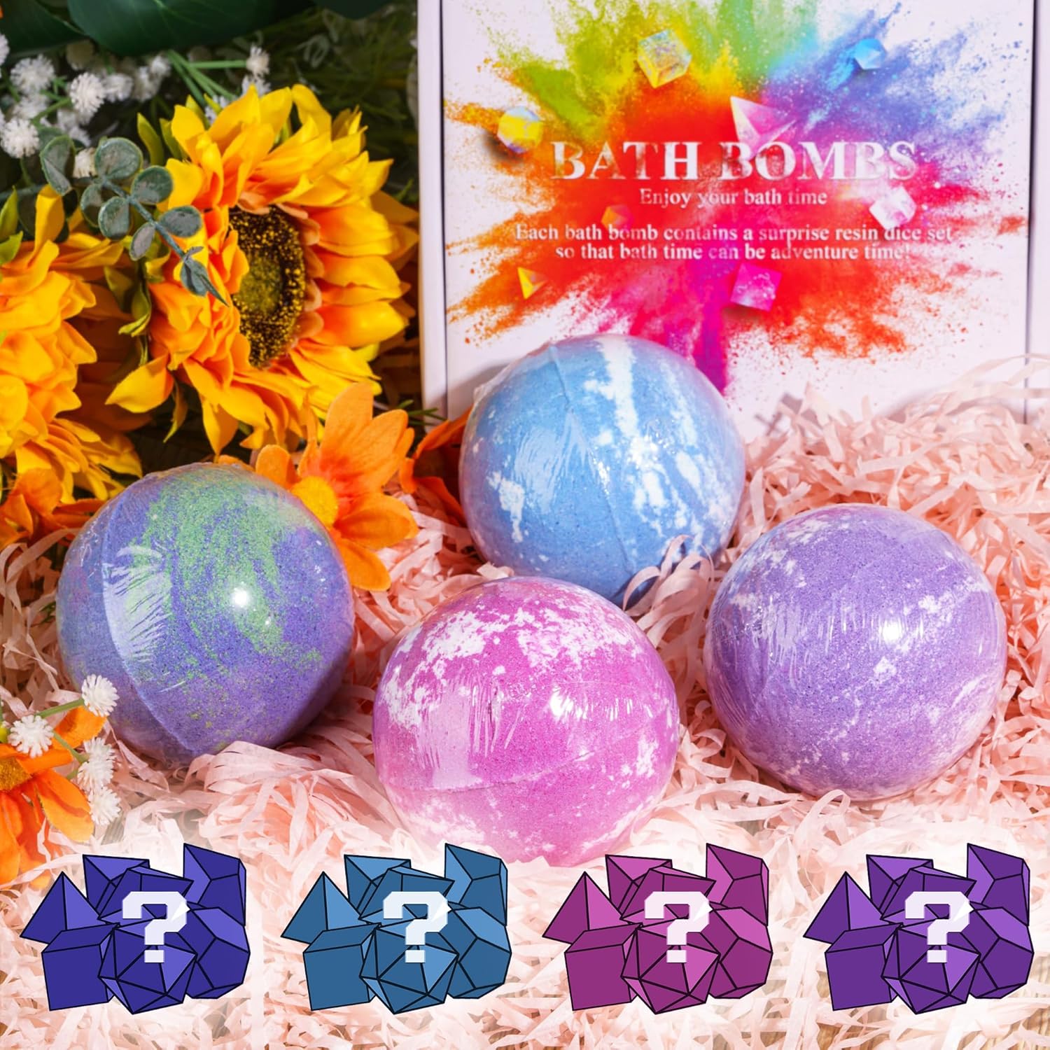 KSNDie 4 Pack DND Dice Set, Bath Bombs Filled with RPG