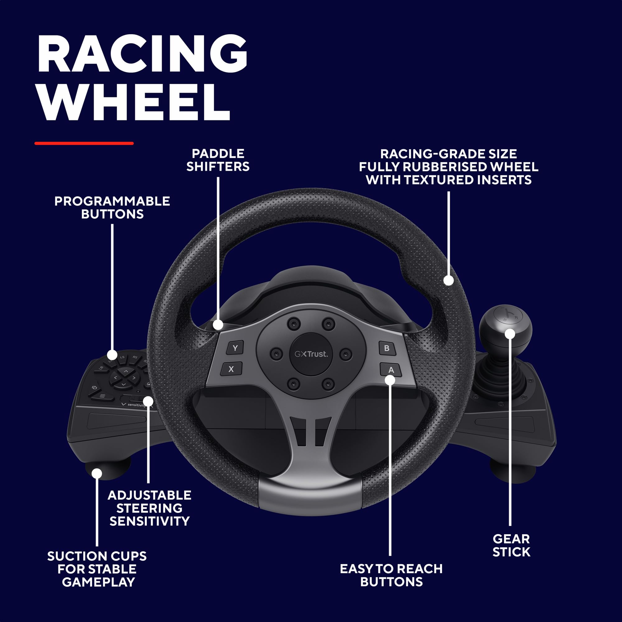 Trust GXT 289 Movi Volante per PS4, PC, Xbox Series X/S, Nintendo Switch, Volante da Corsa da Gaming con Pedali e Leva del Cambio per Simulatore di Guida/Farming Simulator / F1 / Gran Turismo