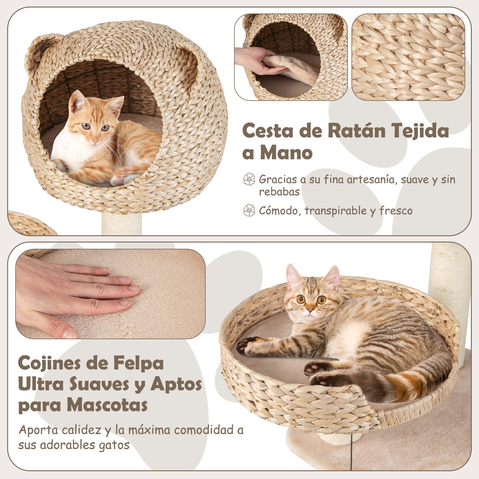 COSTWAY Torre Rascador para Gatos de 121 cm, Centro de Actividades para Gatitos con Condo, Cama, Hamaca, Bolas Colgantes, Postes para Rascar de Sisal, Cojines Suaves, Árbol Rascador Gatos, Beige