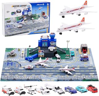Airport Toys Airplane Car Toy Set for Kids with Trucks, Helicopter, Planes, Signs, Fire Trucks Race Cars and Airport Playmat, Great Military Toys Parking Lot Toy for Boys Girls Toddler Age 3+