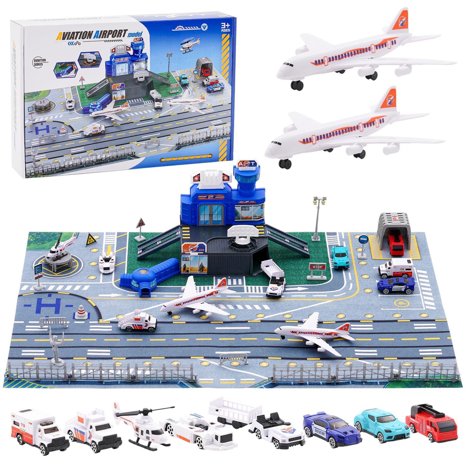 Airport Toys Airplane Car Toy Set for Kids with Trucks, Helicopter, Planes, Signs, Fire Trucks Race Cars and Airport Playmat, Great Military Toys Parking Lot Toy for Boys Girls Toddler Age 3+