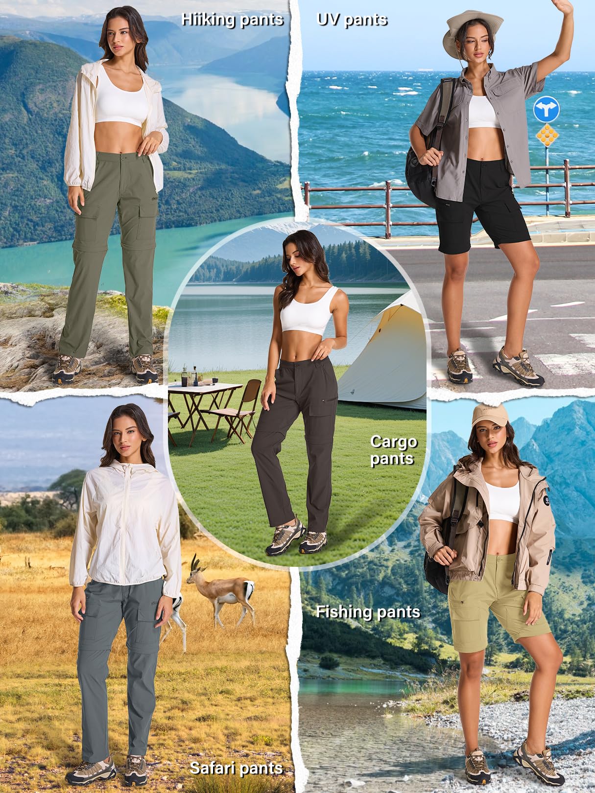 Jessie Kidden Pantalon cargo de randonnée convertible léger à séchage rapide UPF 50+ fermeture éclair pour femme