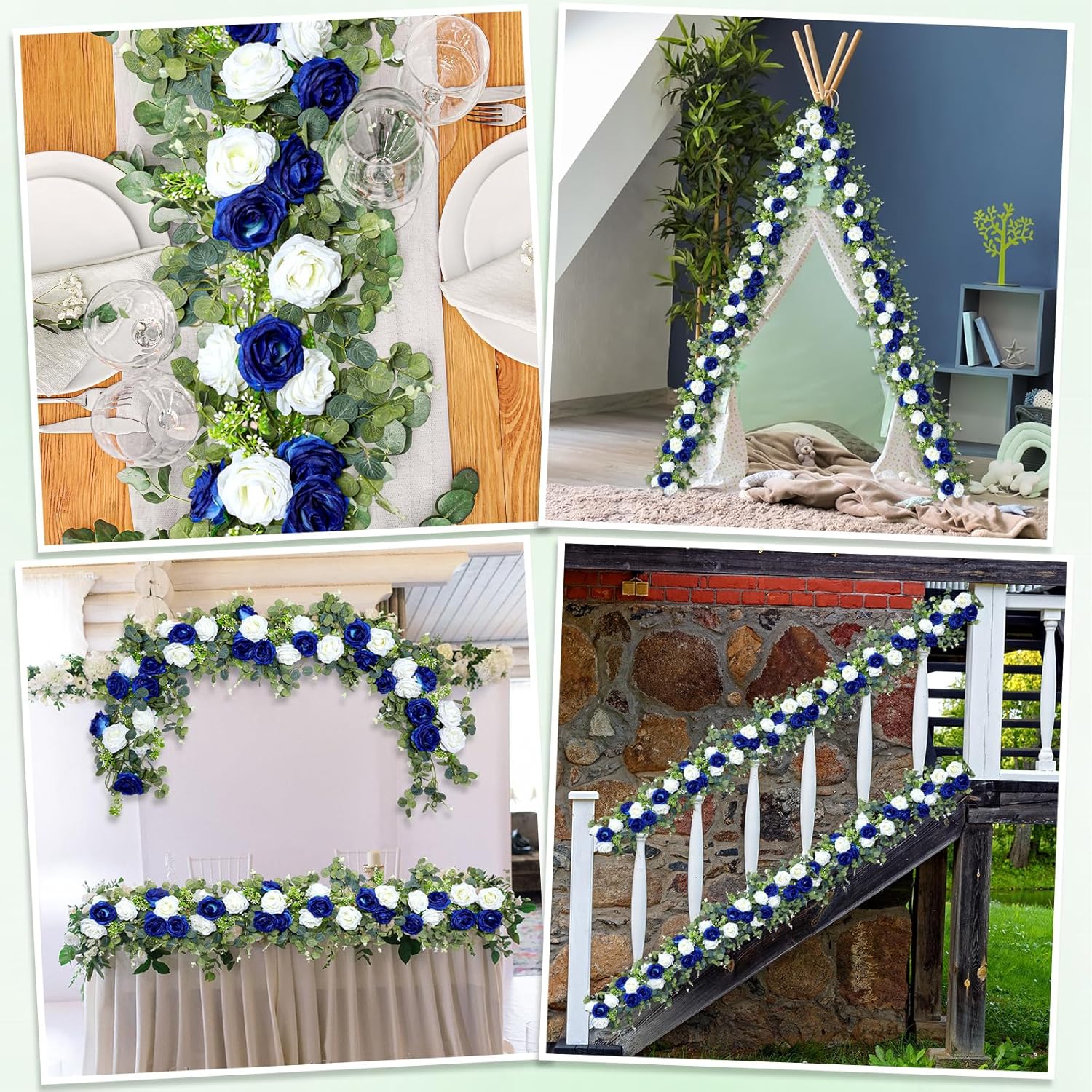 Riceshoot 4 Pack 26 ft Artificial Eucalyptus Vines Garland with Flowers Fake Floral Flower Garland Rose Wreath for Wedding Party Arch Table Decor Backdrop Decorations (Blue and White)