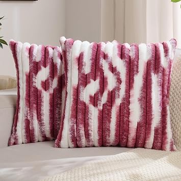 FUTEI Pack of 2 Faux Fur Throw Pillow Covers 24x24 Inch, Burgundy White