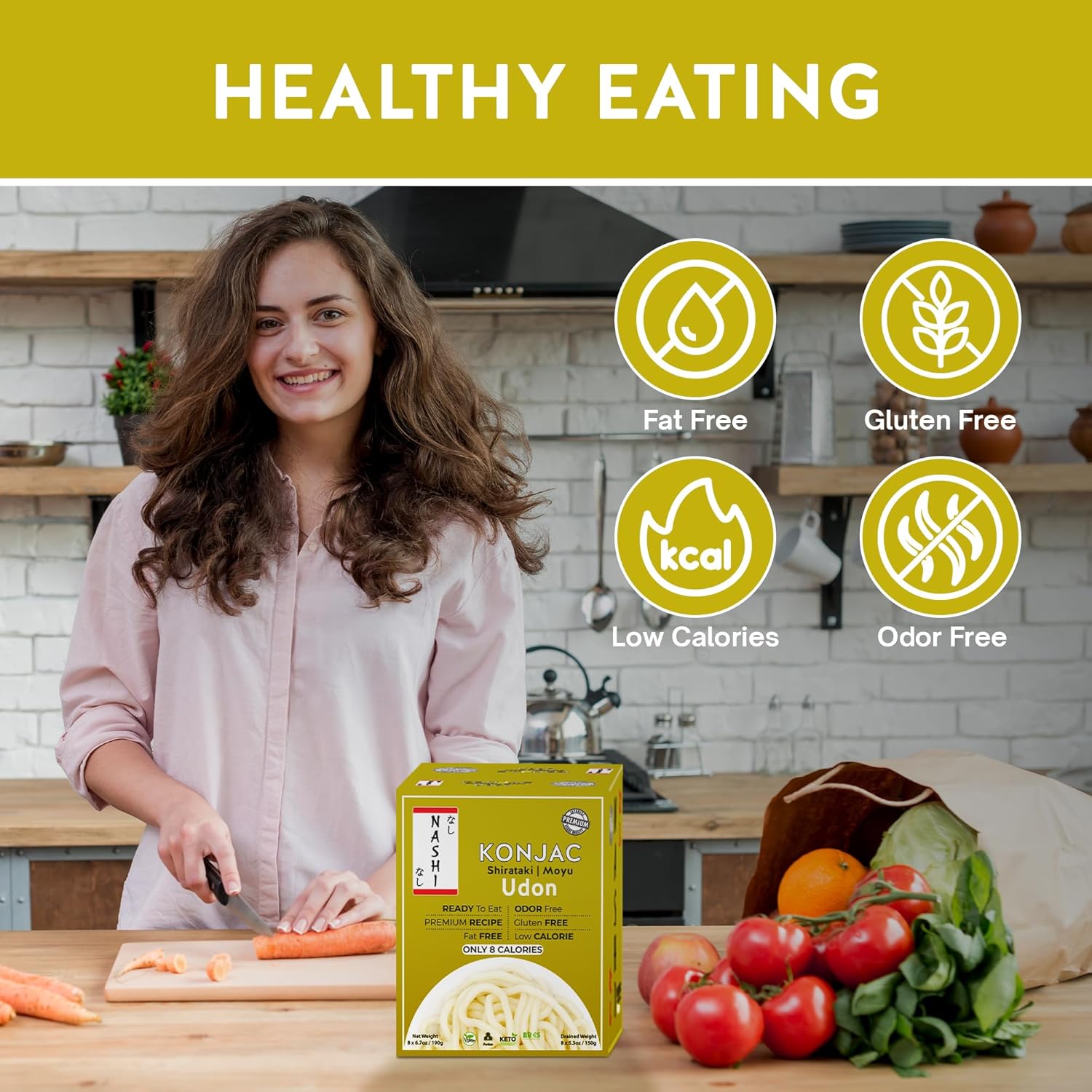 Nashi Shirataki Konjac Premium Udon Noodles (8x190g) – Glucomannan Premium Recipe, Keto-Friendly | Low-Calorie, Zero-Carb, Vegan & Gluten-Free, Odour-Free, High Fiber | Ready-to-Eat Food