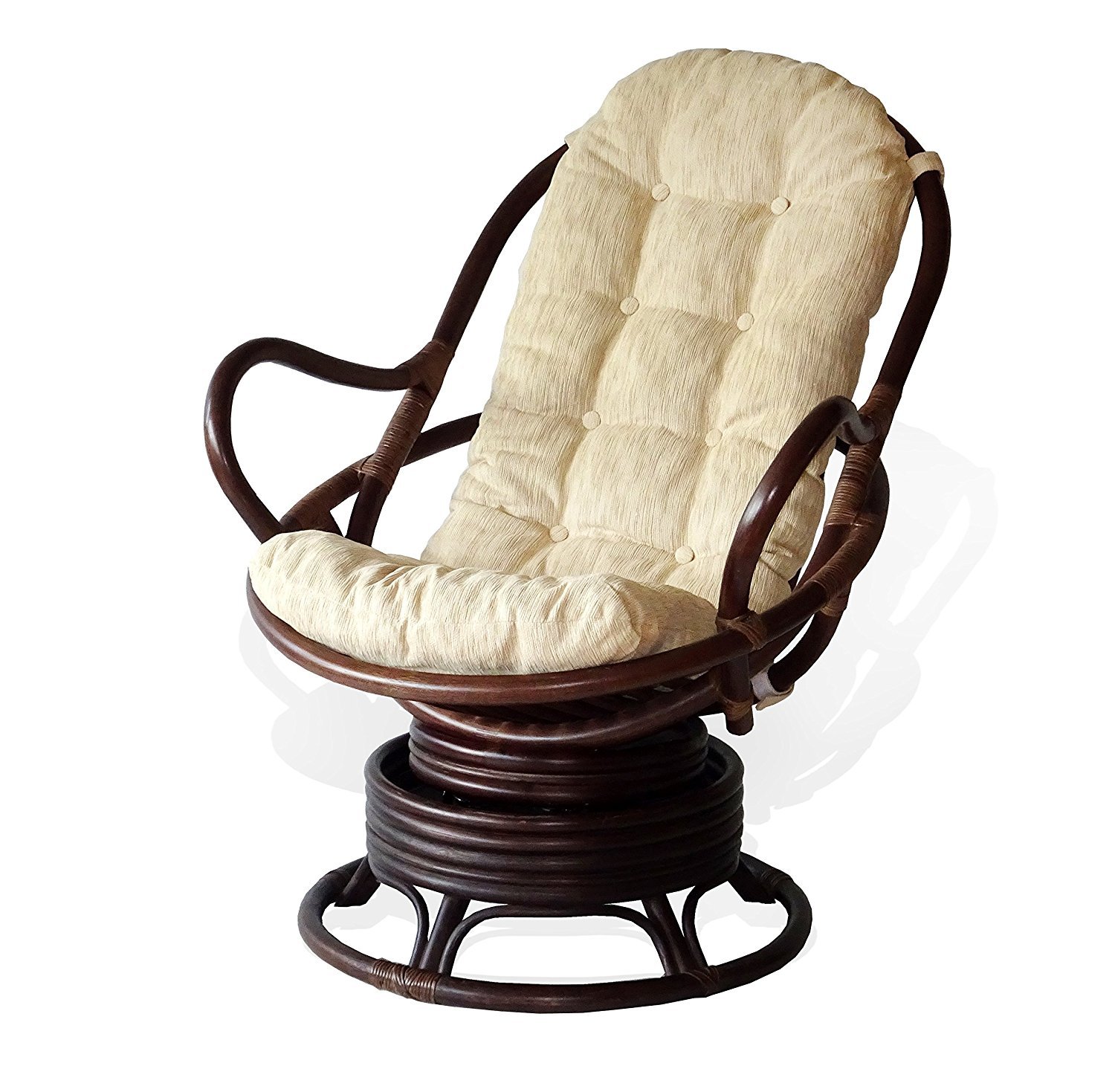 Lounge Swivel Rocking Java Chair Natural Rattan Wicker w/Cream Cushion, Dark Brown Color